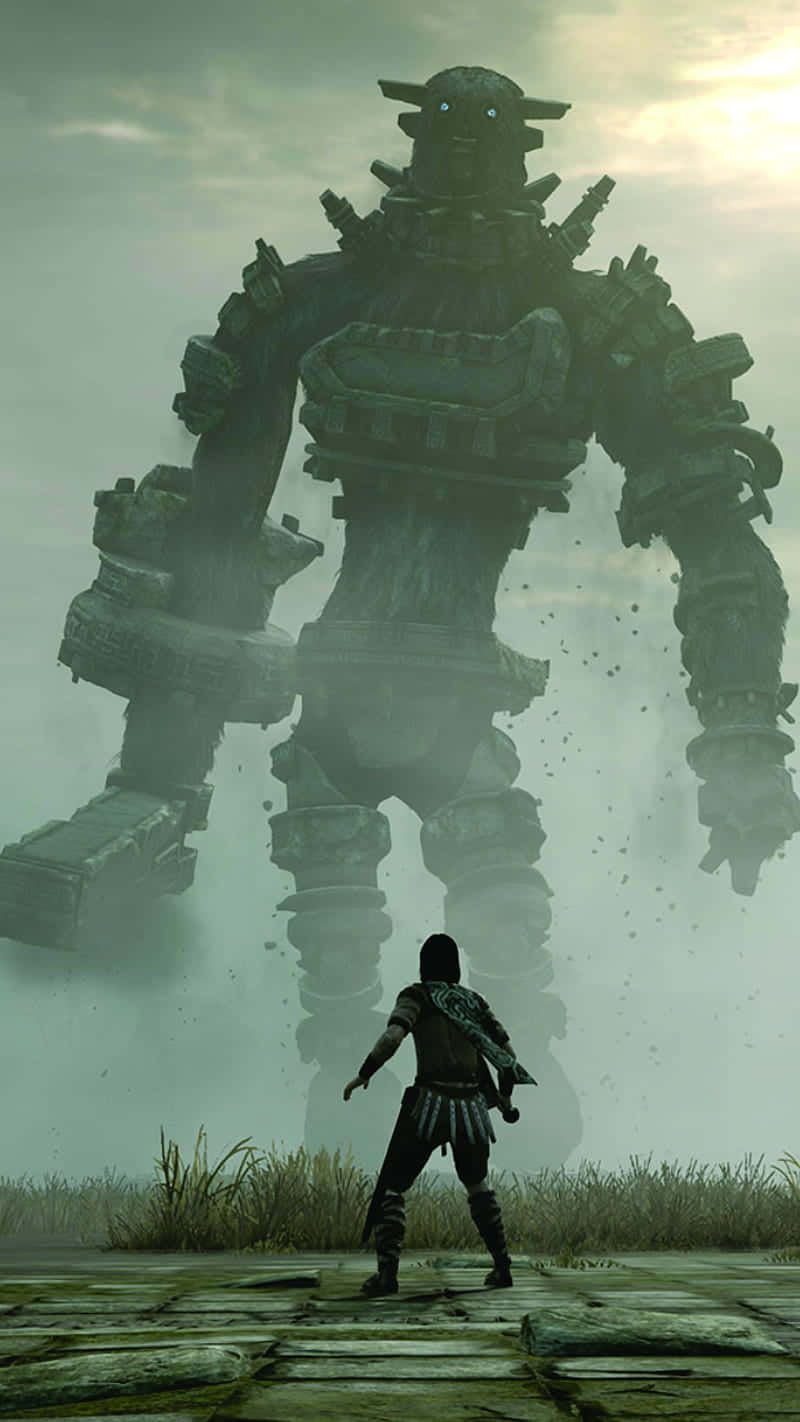 iPhone X Wolfenstein Ii 桌布 壁紙 — 黎明時分，一位孤獨的戰士站在霧氣瀰漫的田野中，面對著一座巨大的遠古石像魔像。