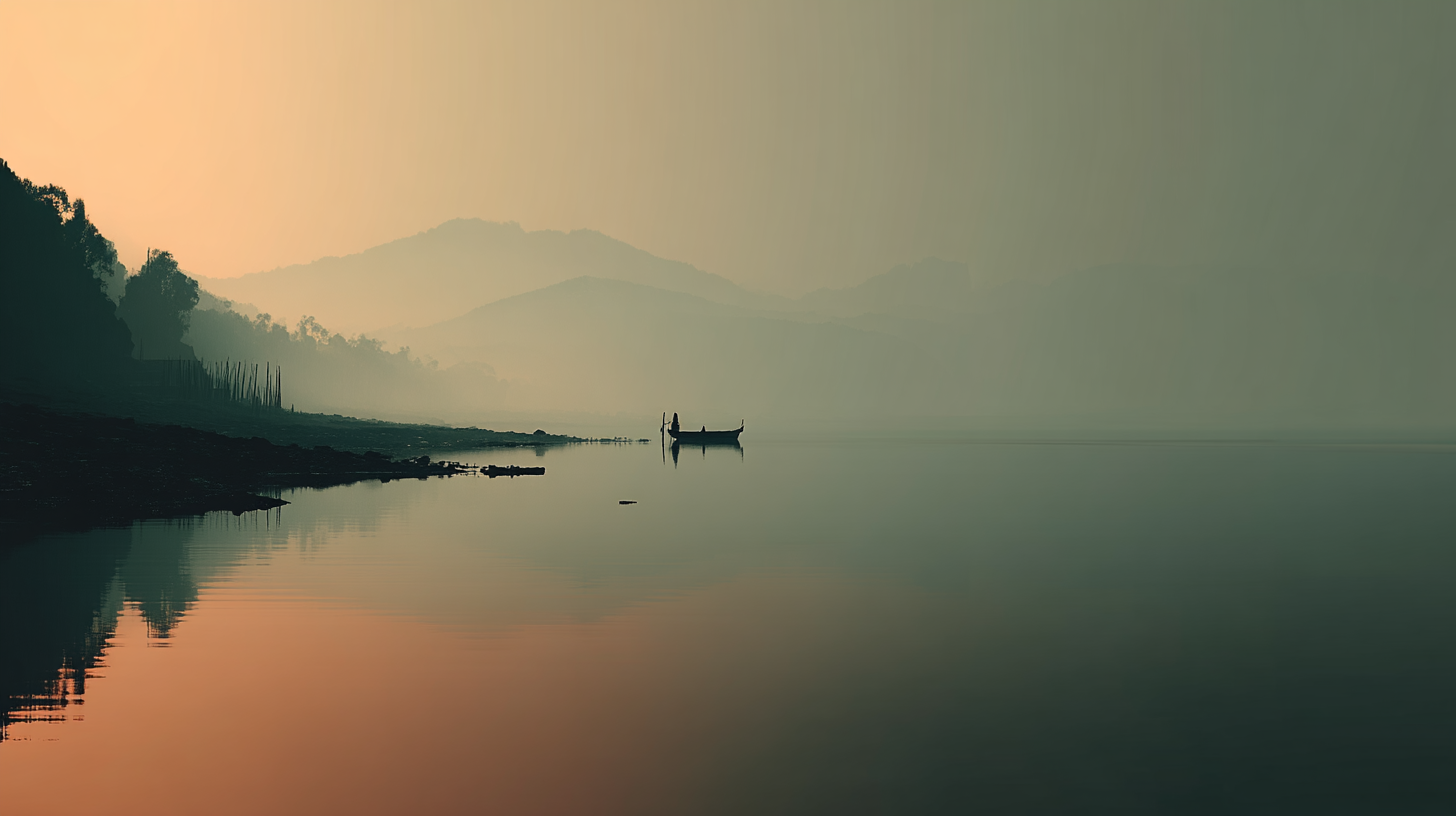 Calming Aesthetic 桌布 壁紙 — 黎明時分，一位孤獨的漁夫乘著小船在霧氣瀰漫的湖面上滑行，山巒和樹木的剪影倒映在平靜的水面上。