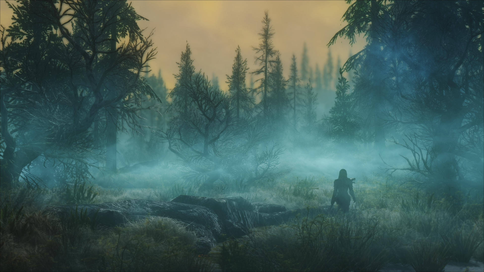 Skyrim 桌布 壁紙 — 黎明時分，一個孤獨的身影穿過霧氣瀰漫的森林，高聳的樹木和閃爍的琥珀色天空。
