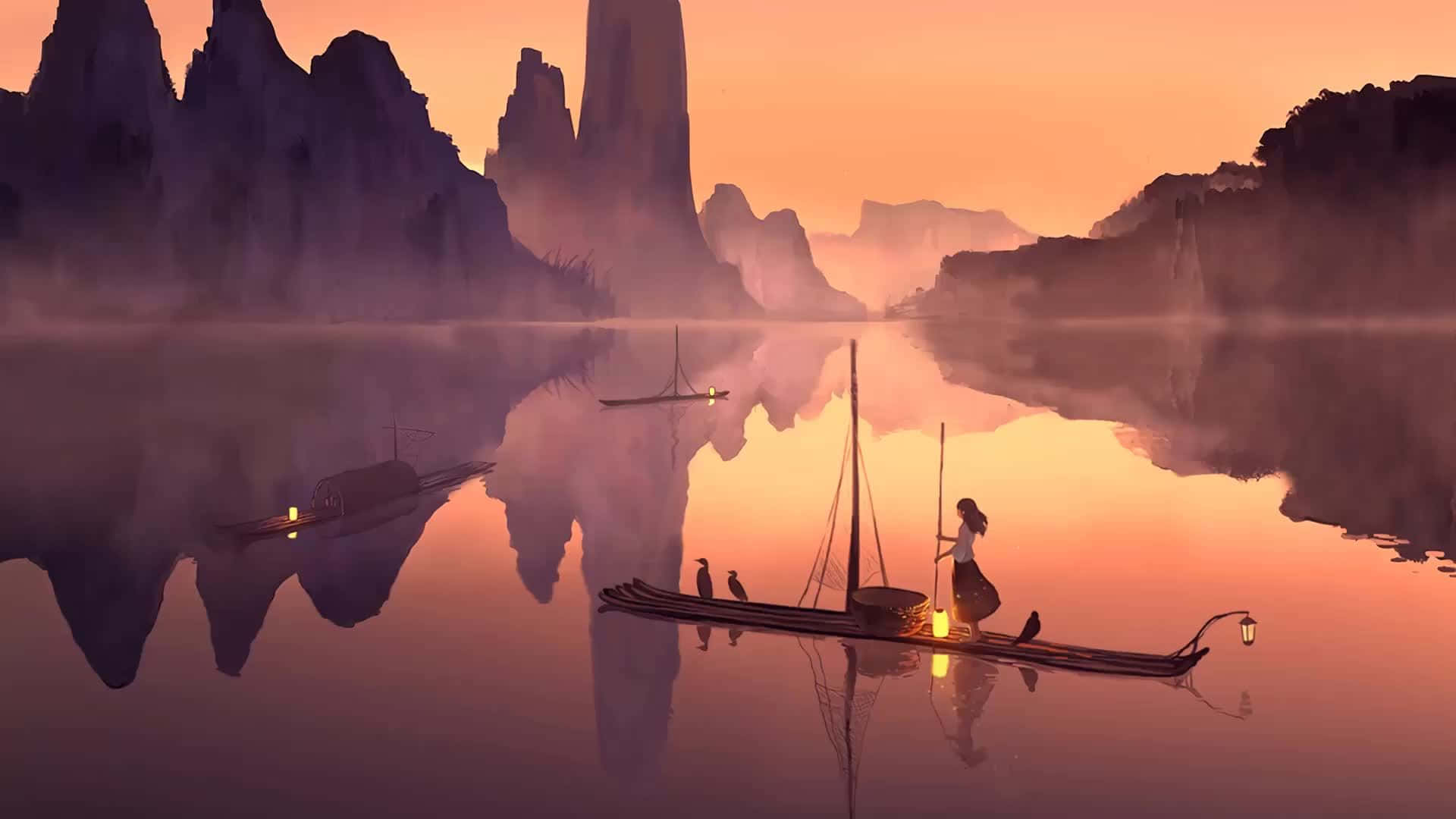 Serenity 桌布 壁紙 — 黎明時分，一個孤獨的身影站在小船上，四周是霧氣繚繞的山巒，倒映在平靜的水面上，天空呈現溫暖的橙色。