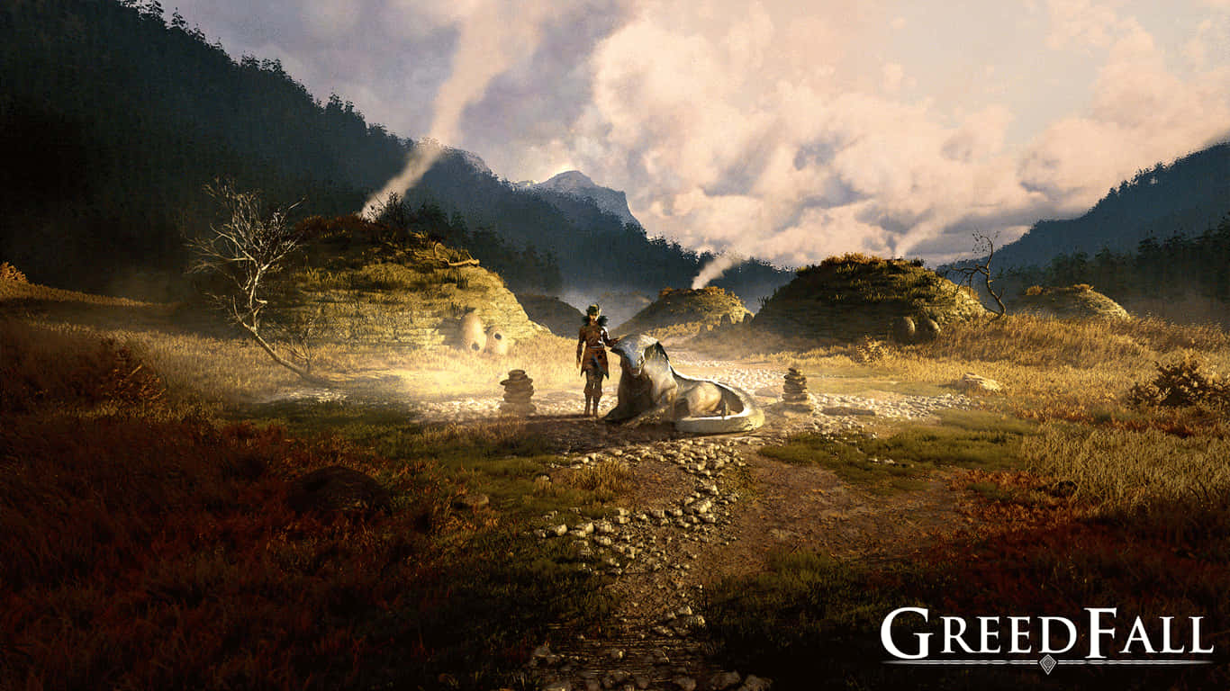 1366x768 Greedfall 桌布 壁紙 — 黎明時分，一個孤獨的身影走過霧氣瀰漫的山谷，經過古老的石堆和一個倒下的生物。