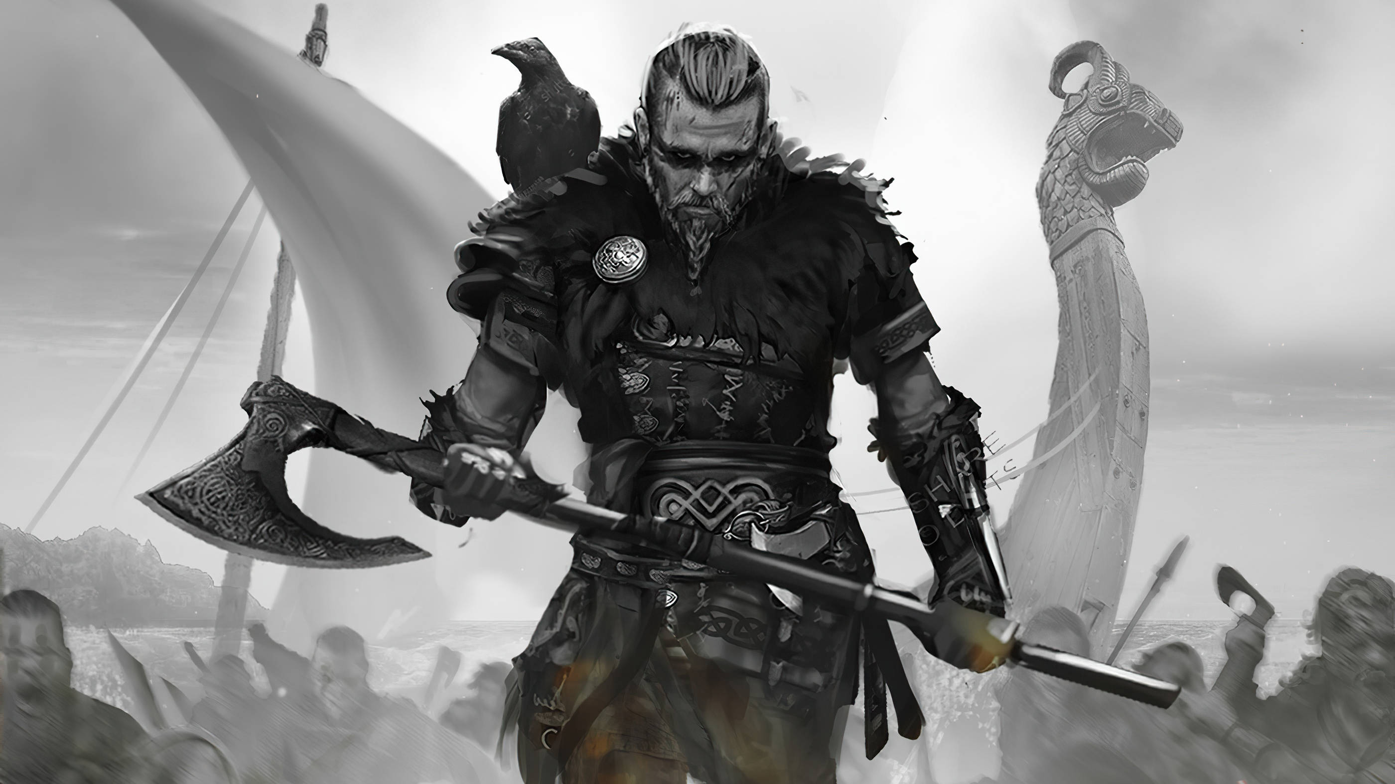 Valhalla 桌布 壁紙 — 黎明時分，一名兇猛的維京戰士肩上棲著一隻烏鴉，在長船前揮舞著雙頭斧。