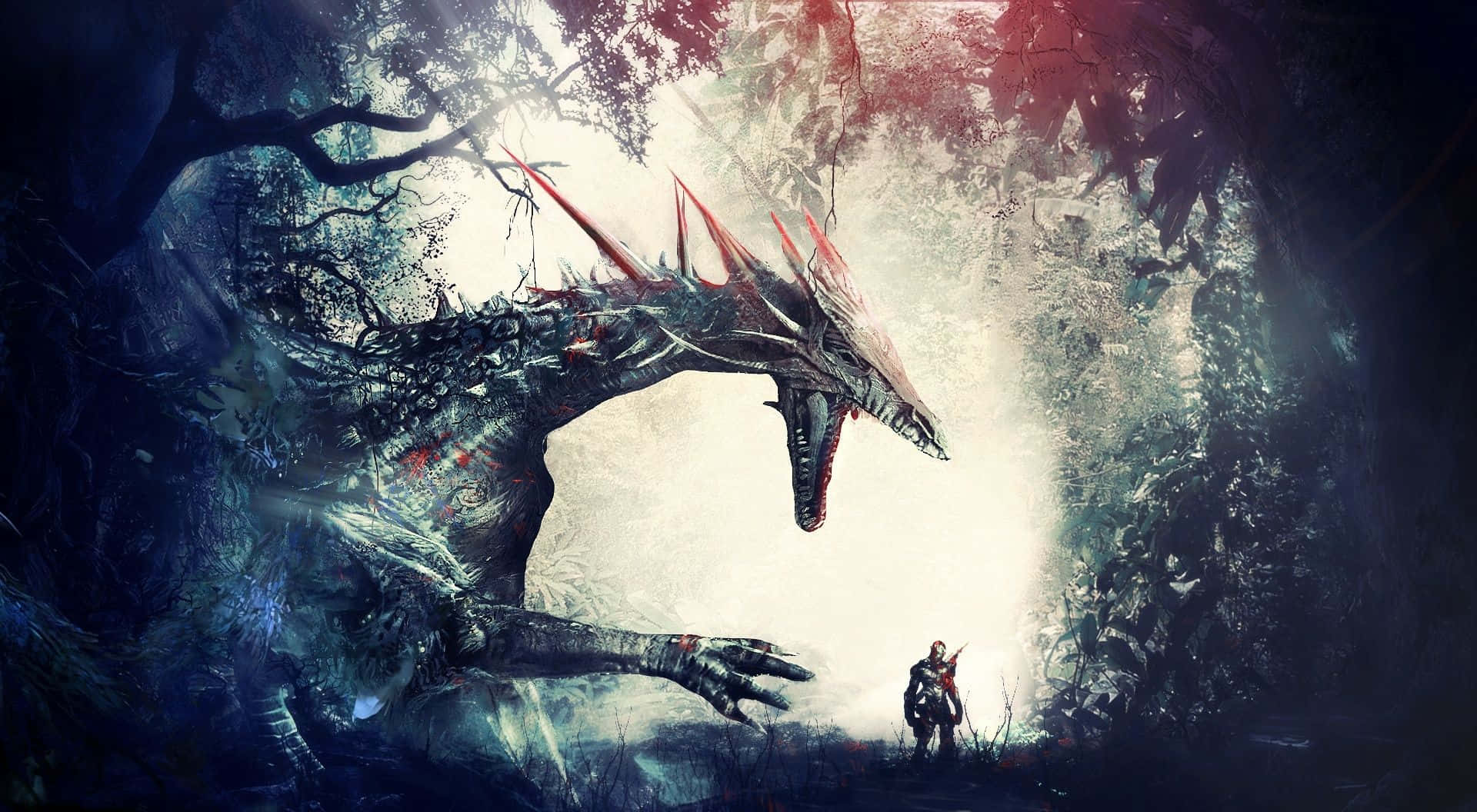 魔法動圖 桌布 壁紙 — 黎明時分，一名孤獨的戰士在霧氣瀰漫的森林中，被一隻巨大的尖刺巨龍襯托得渺小。