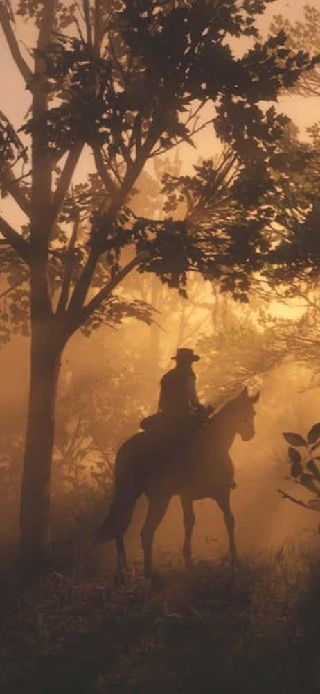 電玩遊戲 桌布 壁紙 — 黎明時分，一名孤獨的騎手騎著馬，在金色朦朧的森林襯托下形成剪影。