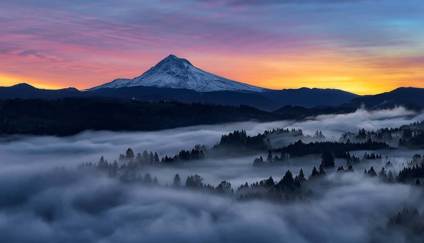 Beautiful Nature 桌布 壁紙 — 黎明時分，一座積雪的山峰在霧海上空升起，天空呈現鮮豔的粉紅色、橙色和藍色。