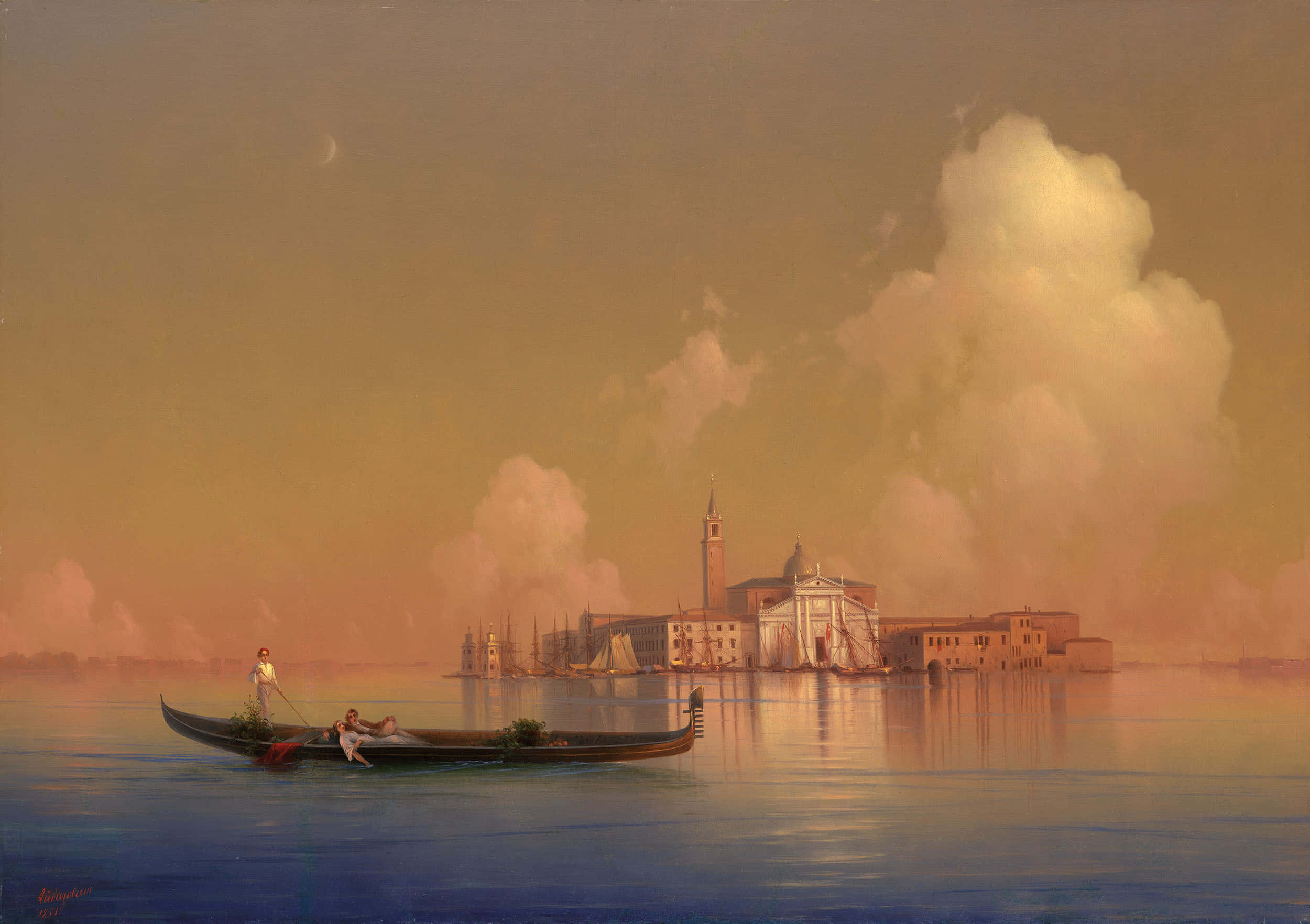 Oil Painting 桌布 壁紙 — 黎明時分，一艘貢多拉在平靜的威尼斯水面上滑行，歷史建築上方掛著一彎新月和柔和的金色雲彩。