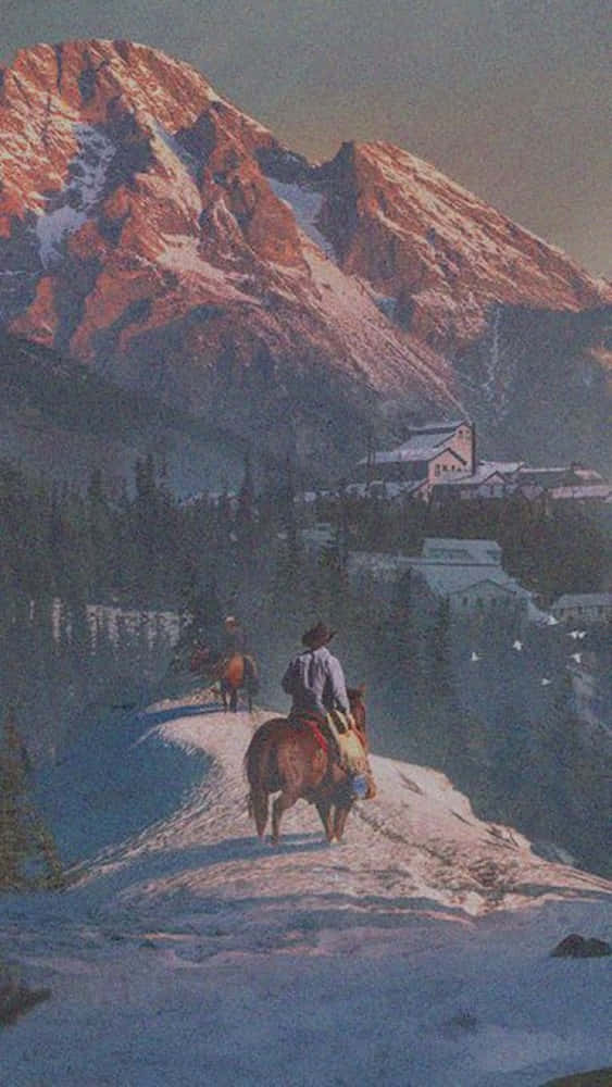 電玩遊戲 桌布 壁紙 — 黎明時分，兩名騎手騎馬穿越白雪覆蓋的山口，下方是高聳的雪山頂峰。
