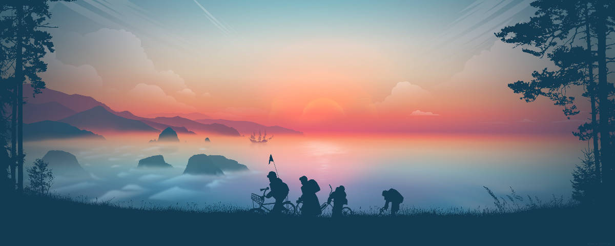 Silhouette 桌布 壁紙 — 黎明時分，剪影般的自行車騎士在一片霧氣瀰漫的山坡上稍作停留，一艘船正駛過發光的橙色和藍色海洋。