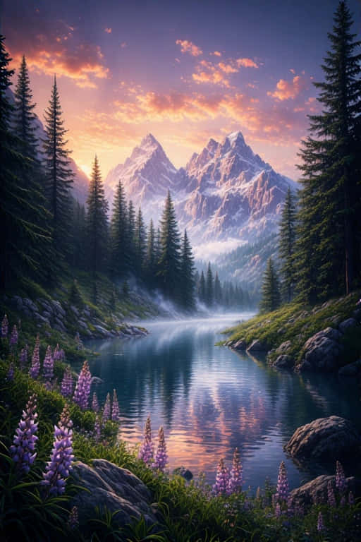 Enchanting Anime Forest at Golden Hour Wallpaper 壁紙 — 黎明時分，寧靜的山間湖泊映照著白雪覆蓋的山峰和紫色羽扇豆花，天空呈現火熱的橙色。