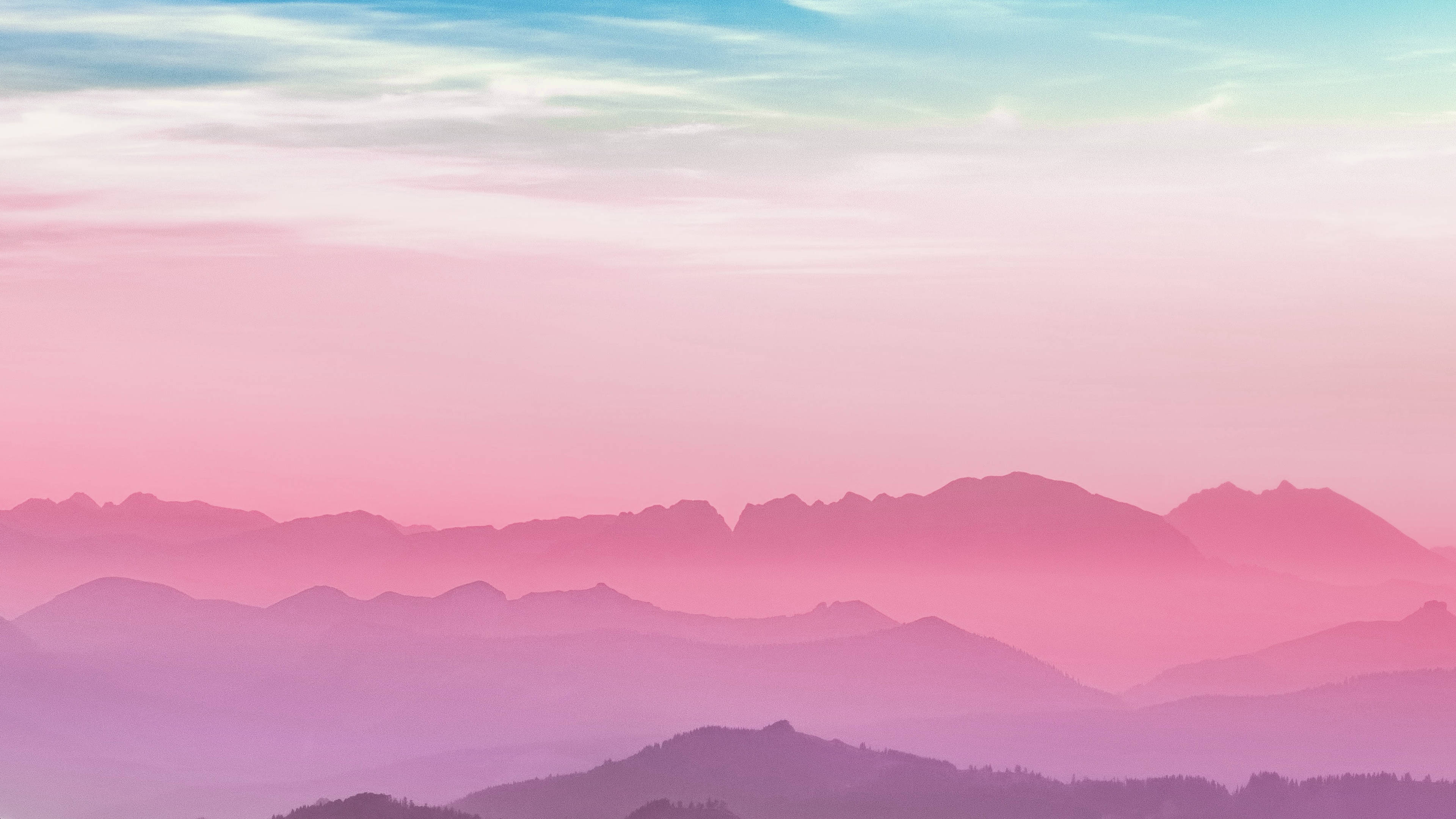 Pastel Minimalist 桌布 壁紙 — 黎明時分，層層疊疊的山脈在粉彩天空下褪成柔和的粉紅、紫和藍色調。