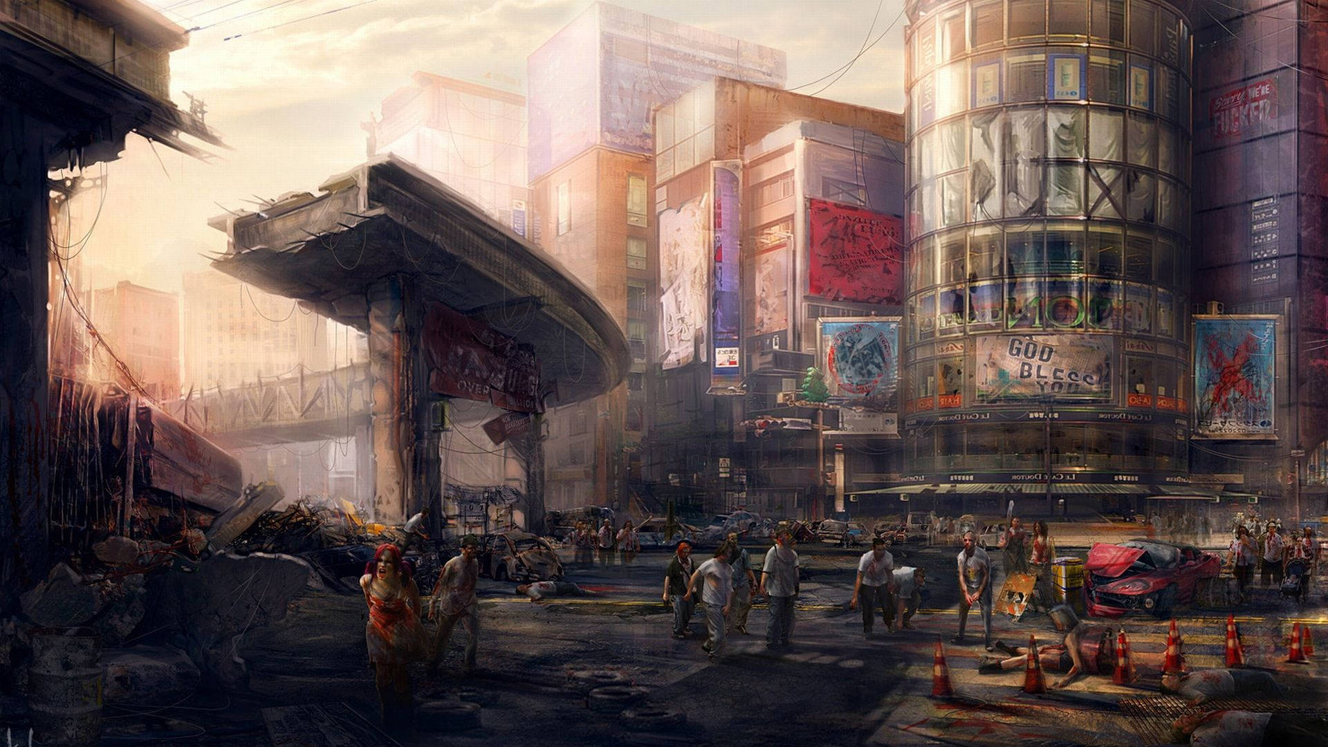 Zombie Apocalypse 桌布 壁紙 — 黎明時分，破舊的建築物、散落的瓦礫和人們走過荒涼的城市景觀，構成一個粗糙的城市街景。