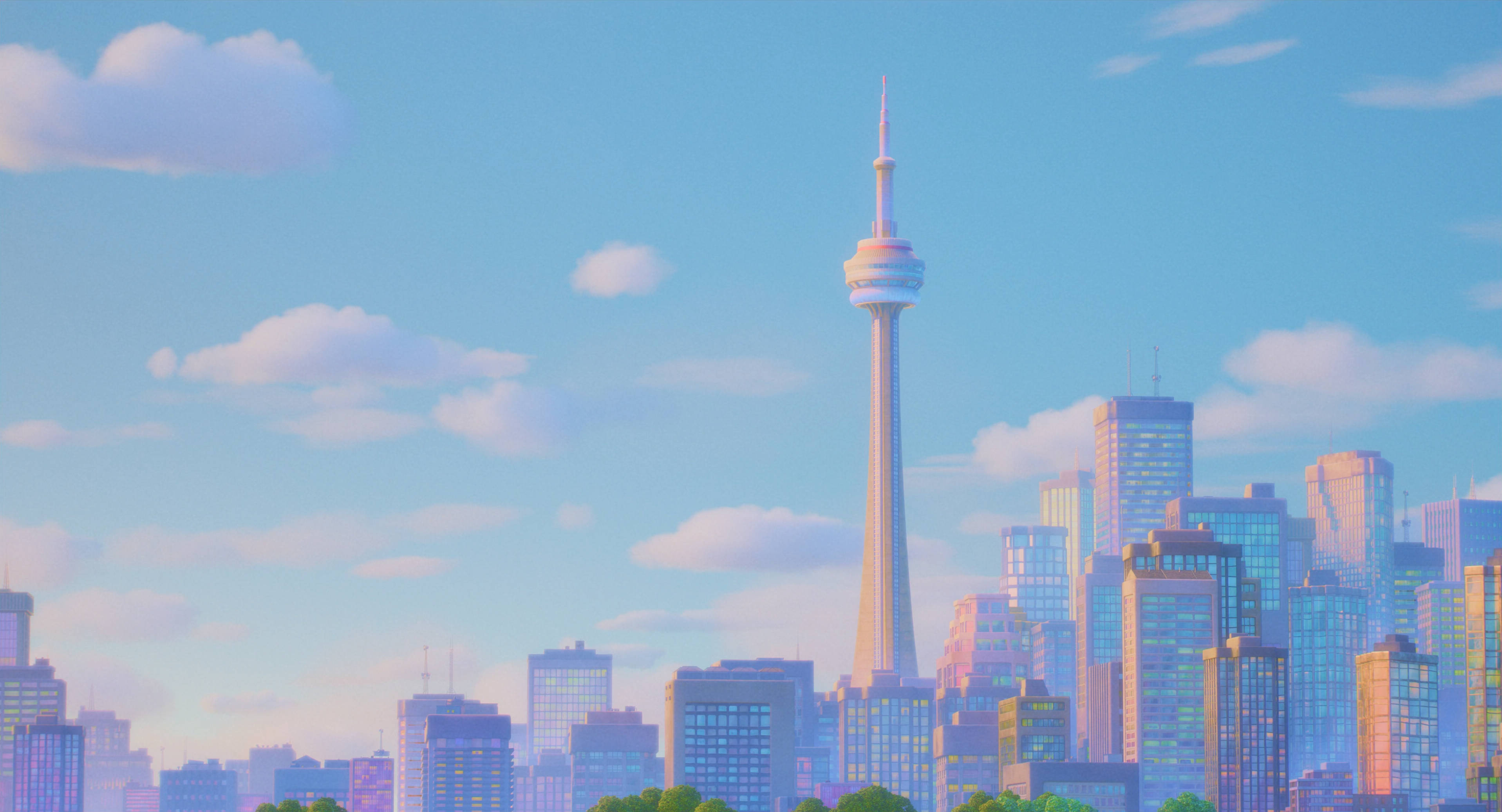 Pastel Aesthetic Desktop 桌布 壁紙 — 黎明時分充滿活力的動畫城市景觀，以標誌性的CN塔和現代摩天大樓為特色，在柔和的藍天和蓬鬆的雲朵下。