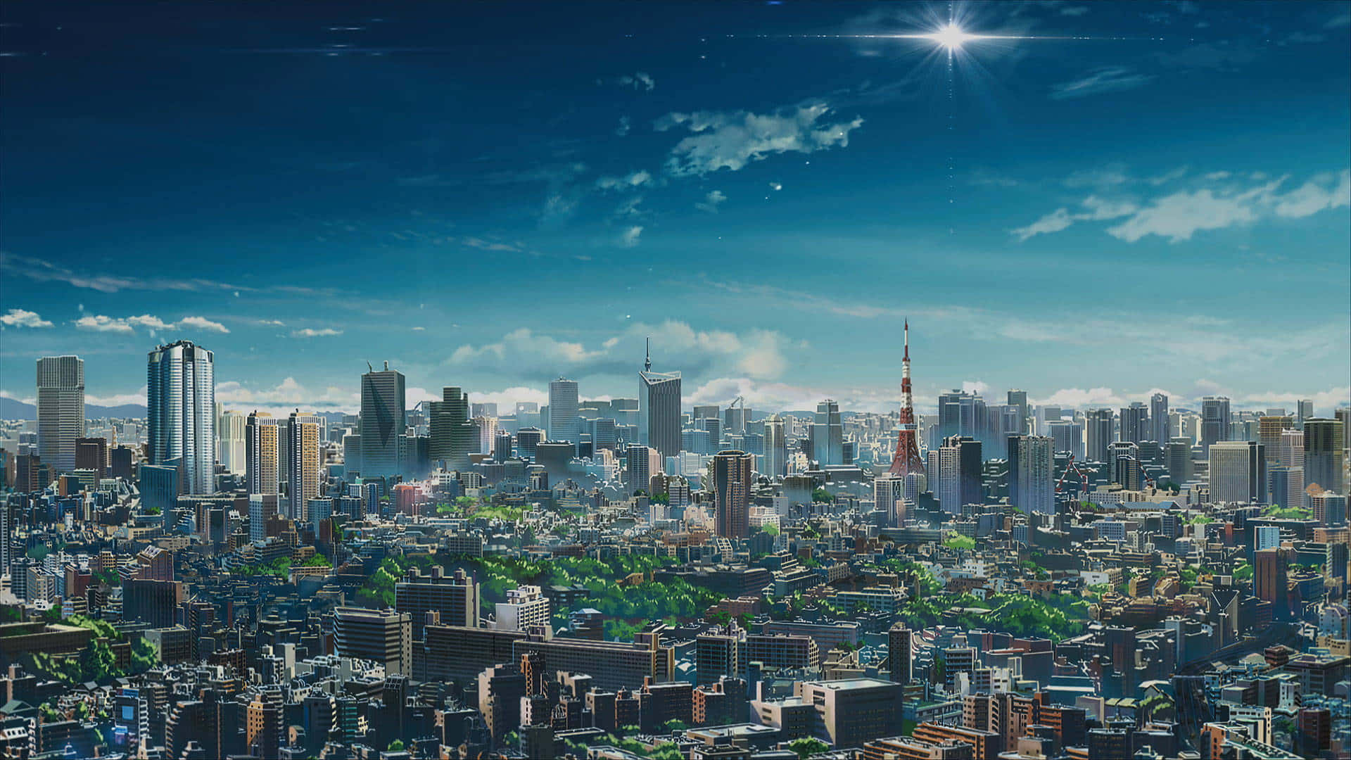 Aesthetic Anime City 桌布 壁紙 — 黎明時分充滿活力的動畫風格城市景觀，高聳的摩天大樓和東京鐵塔在明亮的星空下。