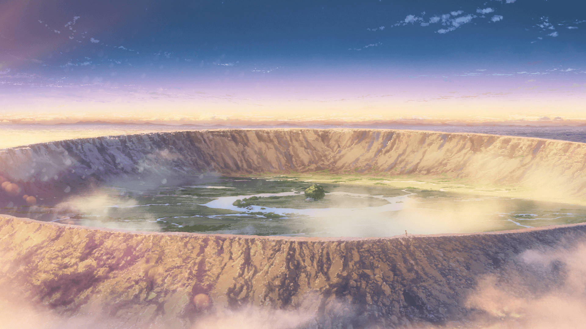 動畫風景動圖 桌布 壁紙 — 黎明時分的寧靜火山口，霧氣瀰漫的水面，崎嶇懸崖環繞的小島上孤獨佇立著一棵樹。