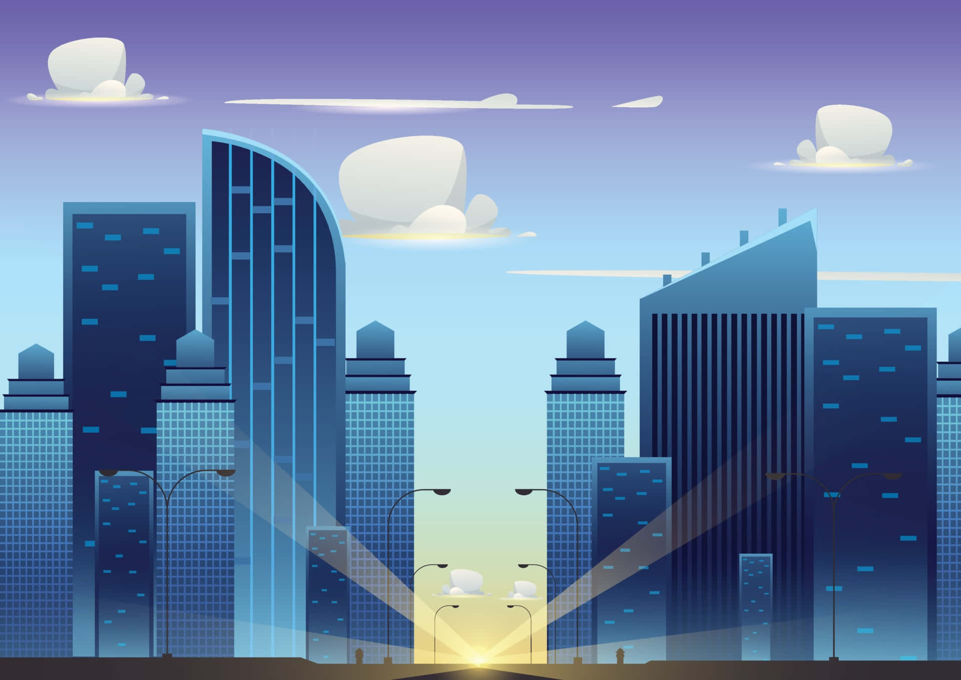 Cartoon City 桌布 壁紙 — 黎明時分的風格化城市景觀，高聳的藍色摩天大樓和漸變天空下的柔軟雲朵。