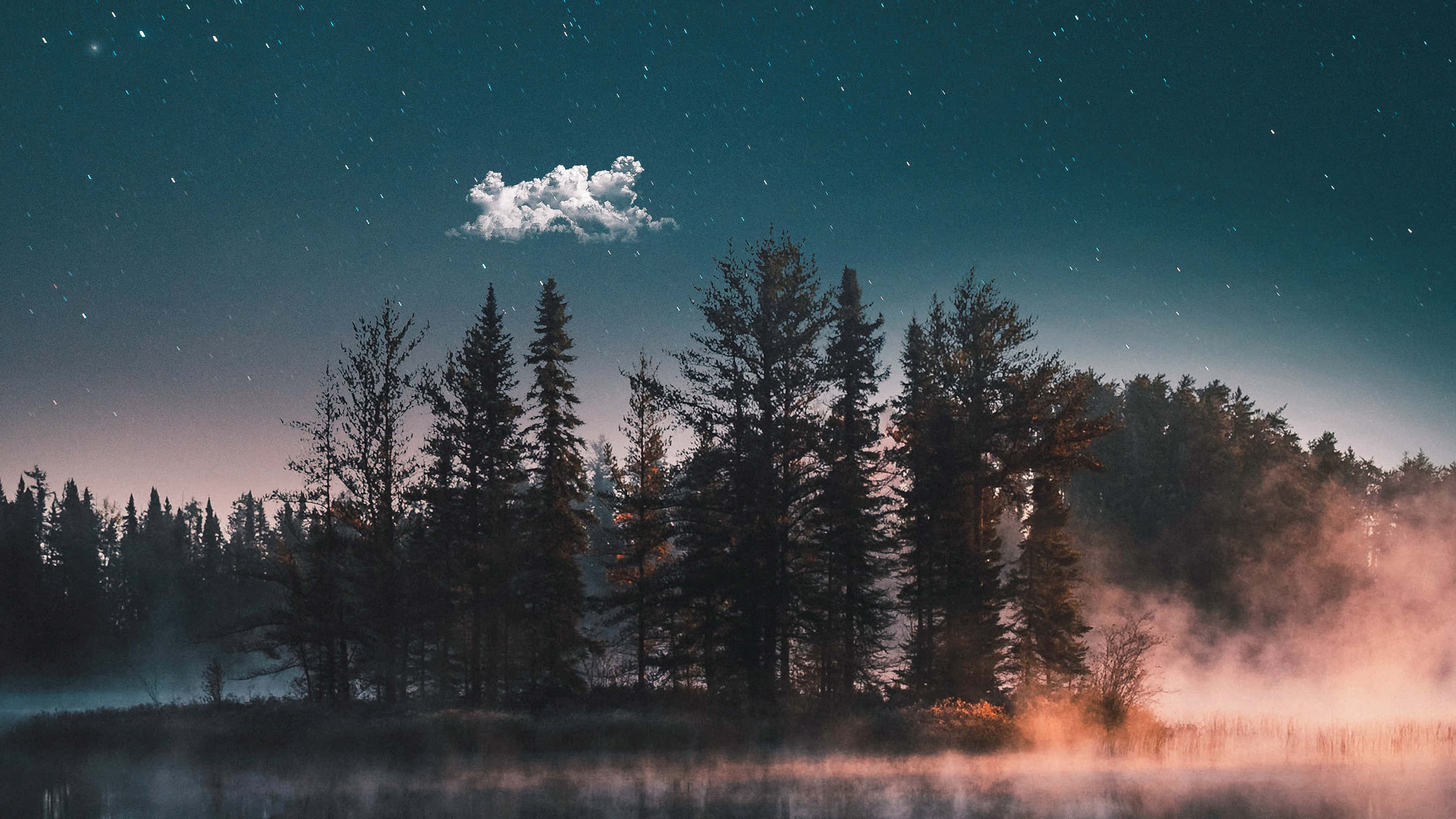 dreamy 桌布 壁紙 — 黎明時分霧氣瀰漫的湖泊，星空下松樹的剪影，伴隨一朵發光的雲。