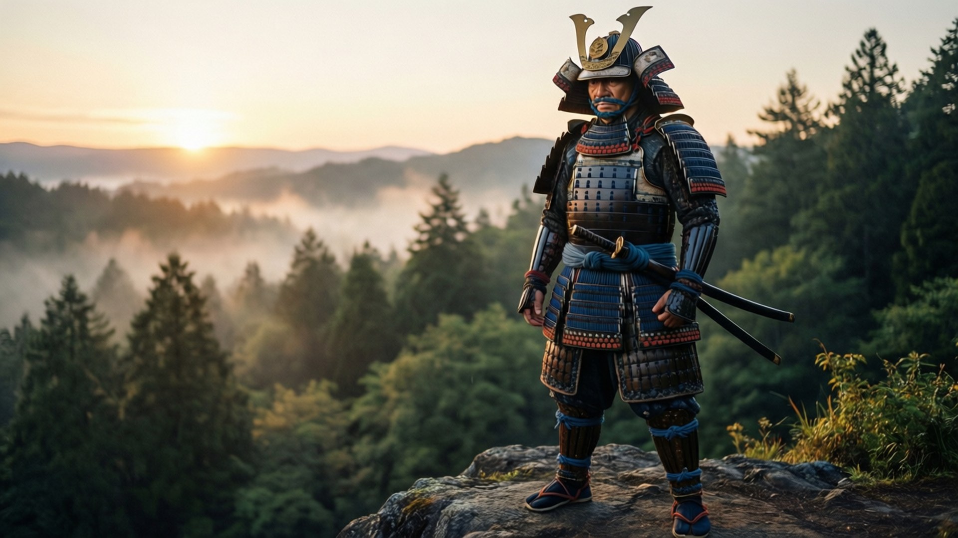 黎明武士 壁紙 — 一位身穿精細盔甲的武士戰士，在日出時站在霧氣瀰漫的森林山丘上，背景有山脈。