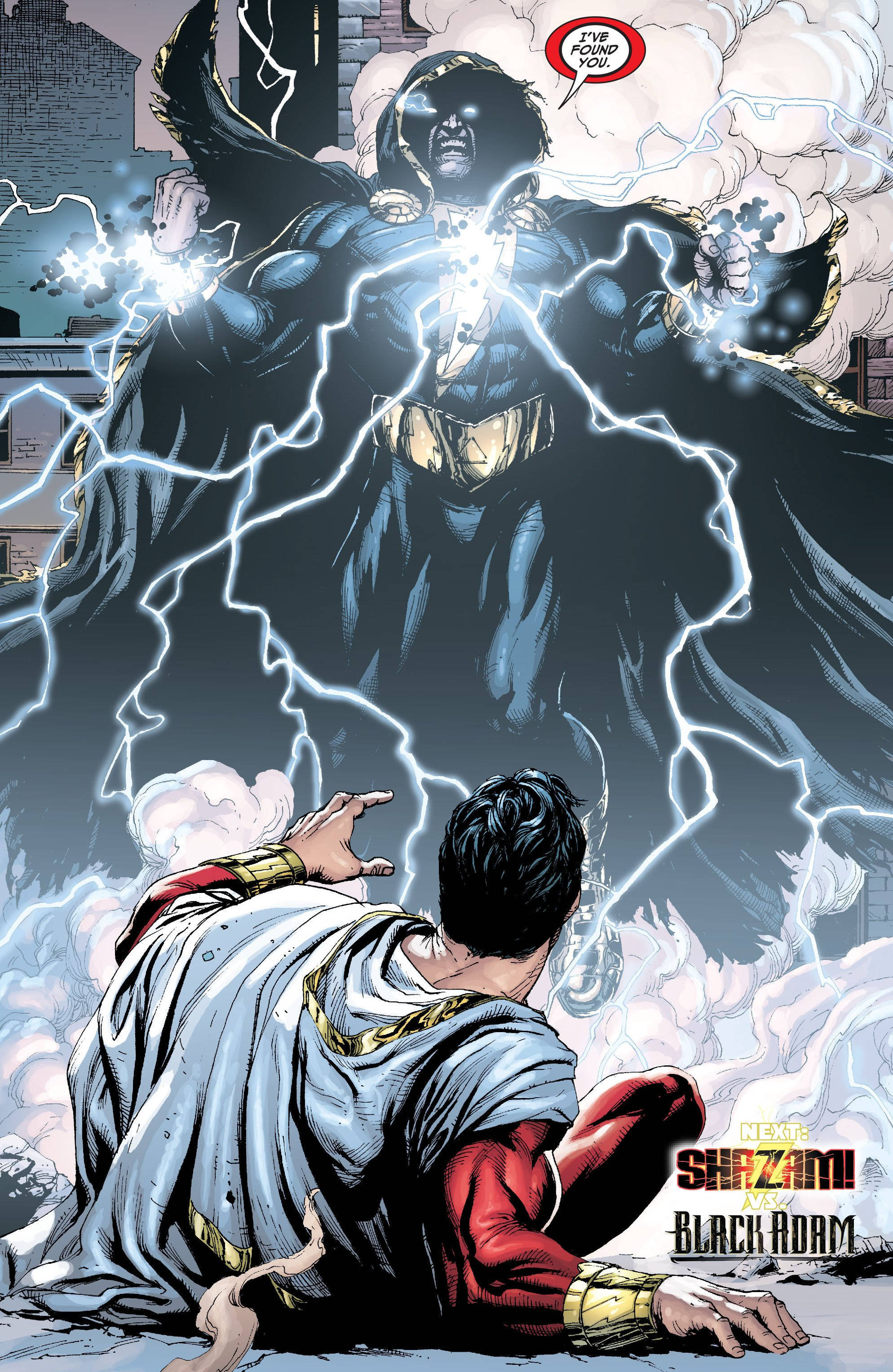 Comics 桌布 壁紙 — 黑亞當在充滿閃電和煙霧的戲劇性漫畫格中籠罩著沙贊。
