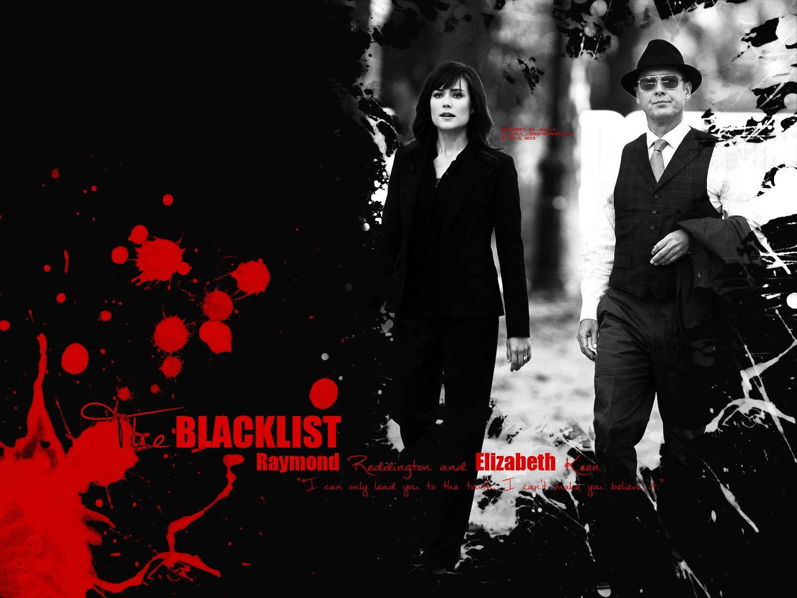 blacklist 桌布 壁紙 — 《黑名單》中的兩個角色站在風格化的黑白森林中，帶有鮮明的紅色飛濺和標題文字。