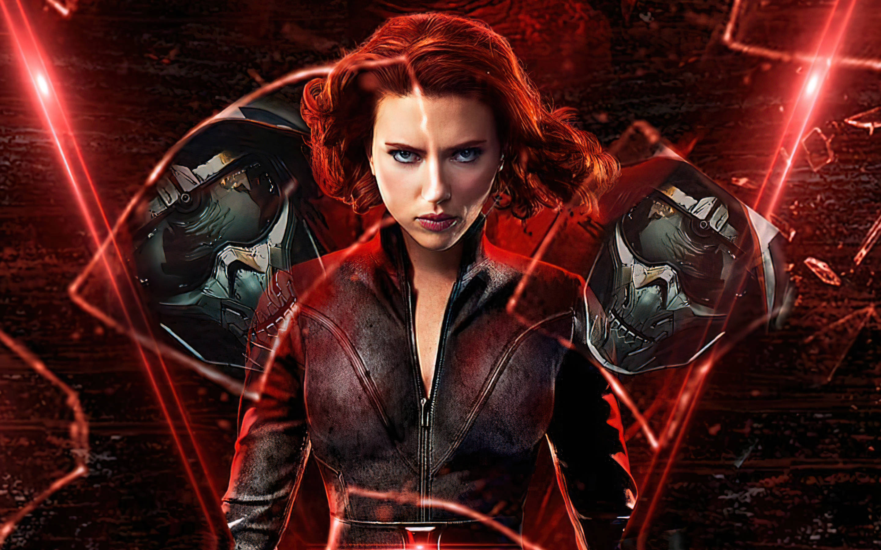 Scarlett Johansson Black Widow 桌布 壁紙 — 黑寡婦在暗紅燈光的場景中挑釁地站立，身後是破碎的玻璃和機械頭盔。