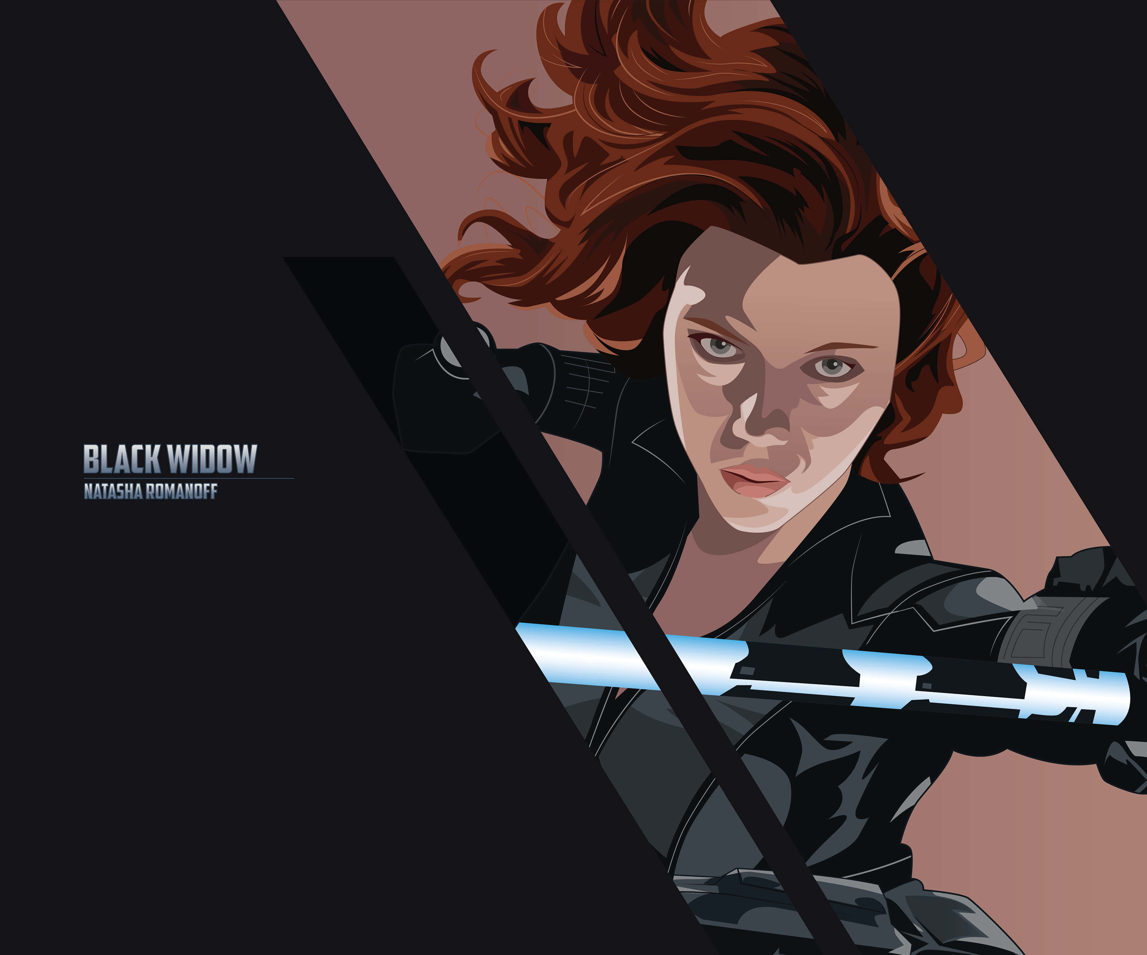 Black Widow 桌布 壁紙 — 黑寡婦娜塔莎·羅曼諾夫以動態姿勢揮舞發光武器，背景為鮮明的幾何圖案。