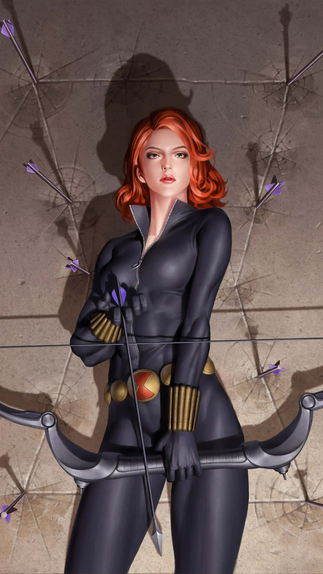 Black Widow iPhone 桌布 壁紙 — 黑寡婦手持弓箭，周圍環繞著碎玻璃和紫色箭頭的箭。