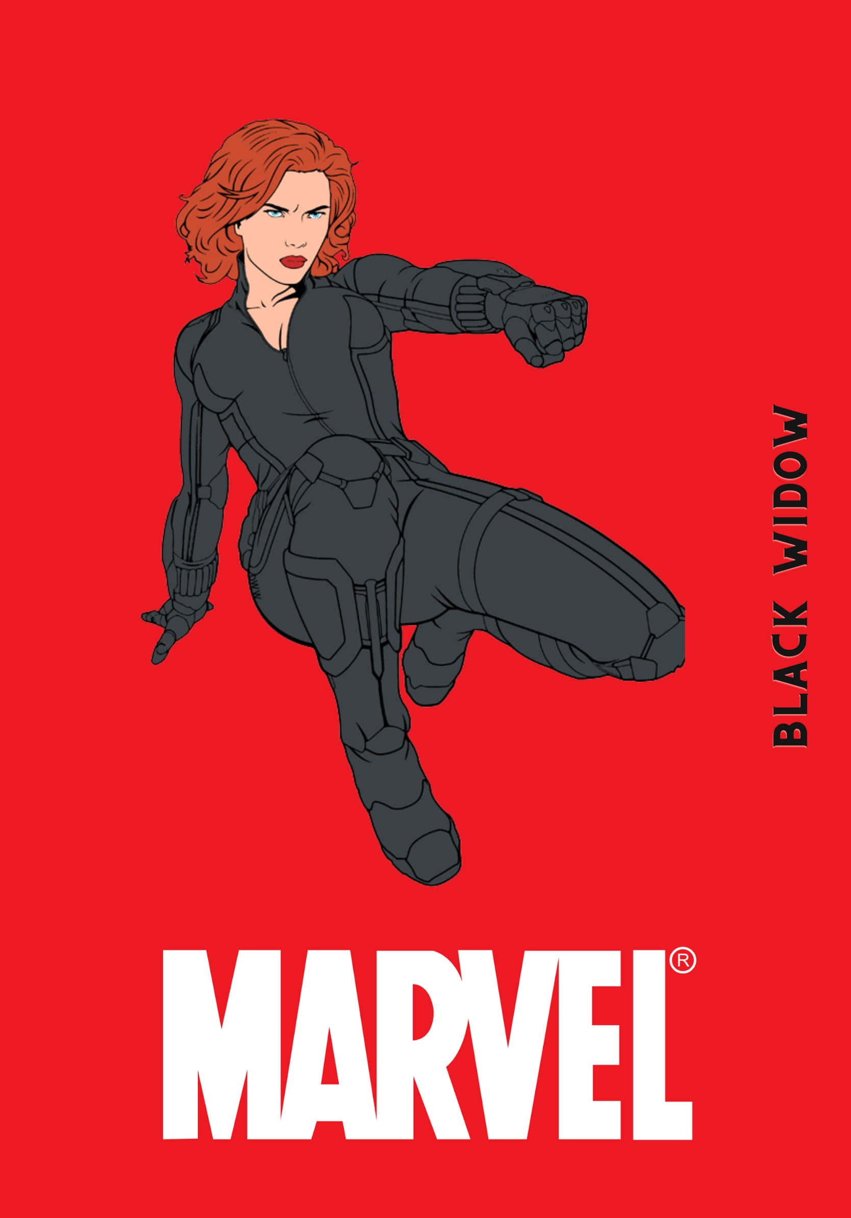 Best Marvel 桌布 壁紙 — 黑寡婦穿著黑色戰術服，在帶有白色Marvel標誌的醒目紅色背景上動態跳躍。