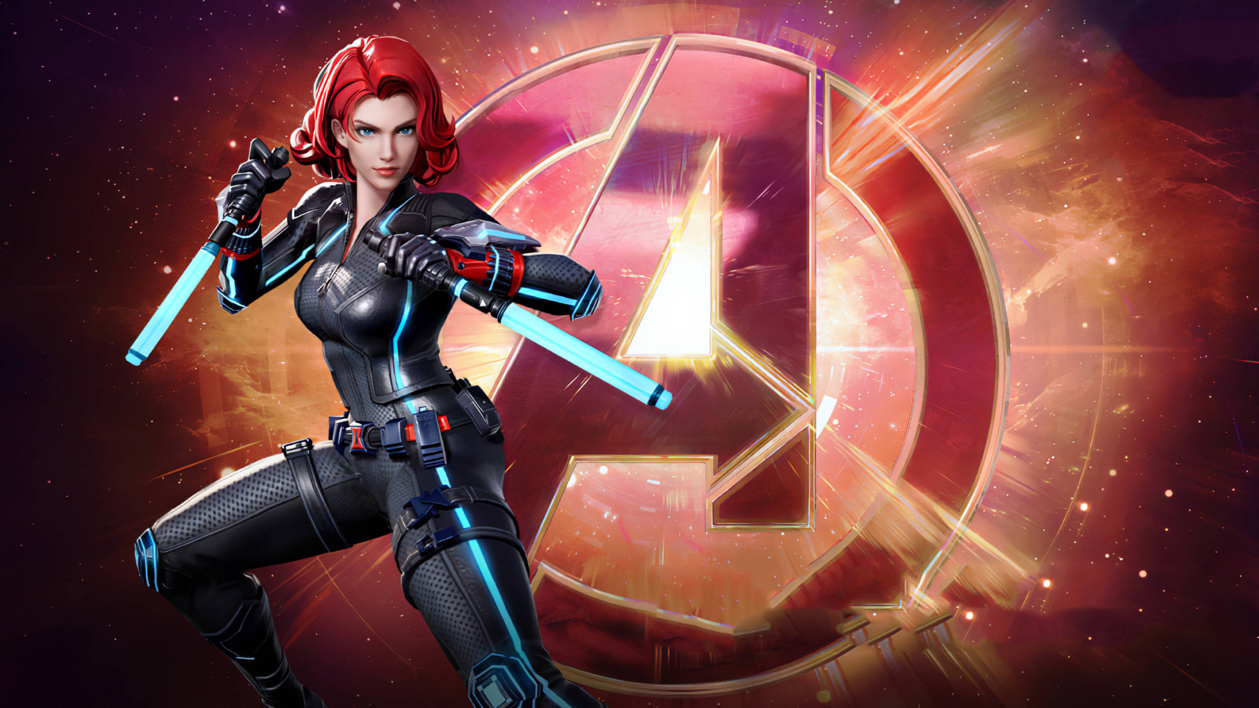 4K Marvel 壁紙 桌布 壁紙 — 黑寡婦身穿時尚黑色套裝，揮舞發光的藍色刀刃，背景是宇宙復仇者聯盟標誌。