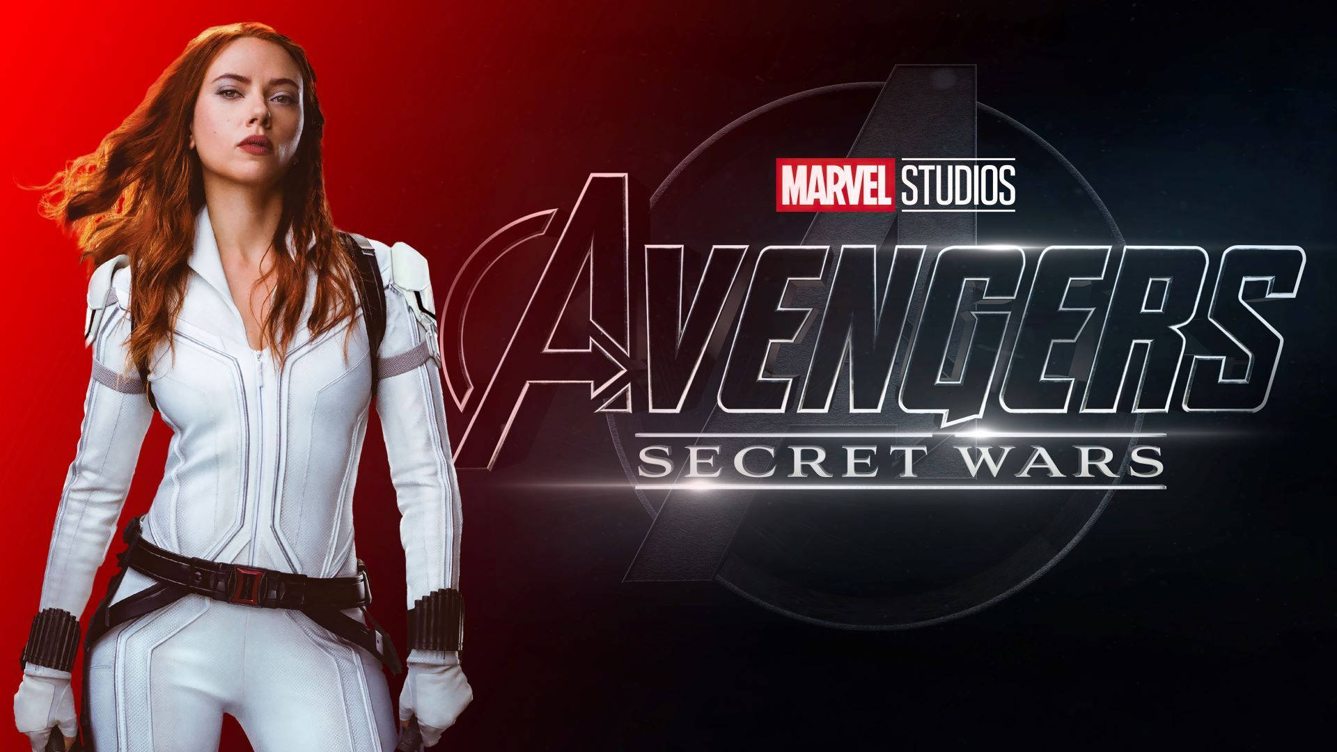 Scarlett Johansson Black Widow 桌布 壁紙 — 黑寡婦身穿白色戰術服，自信地站在大膽的紅色和深色背景前，帶有復仇者聯盟秘密戰爭標誌。