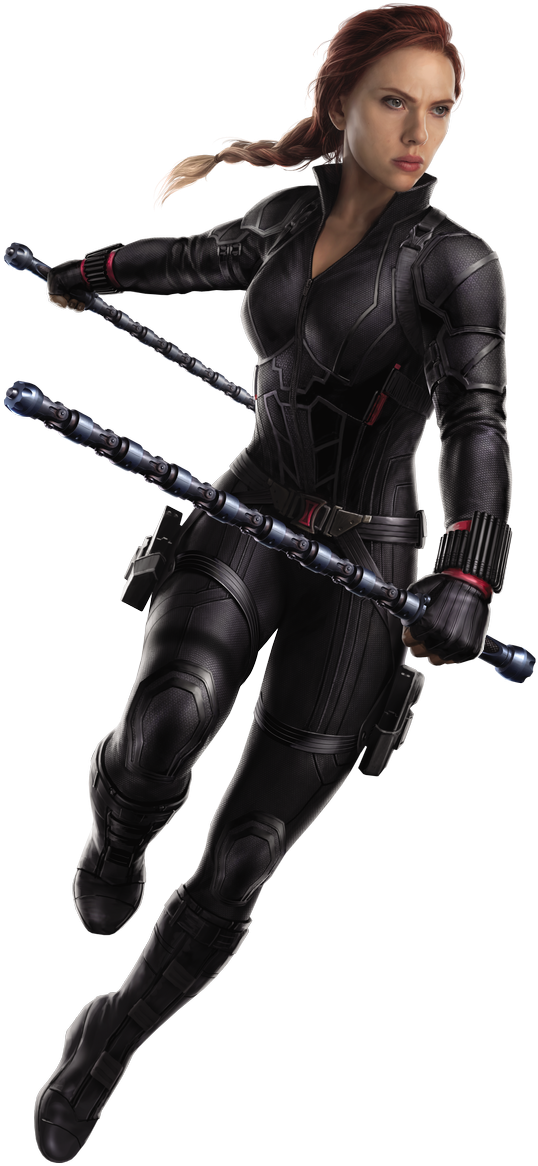 Black Widow 桌布 壁紙 — 黑寡婦身穿黑色戰術服，在透明背景前以動態空中姿勢揮舞雙棍。