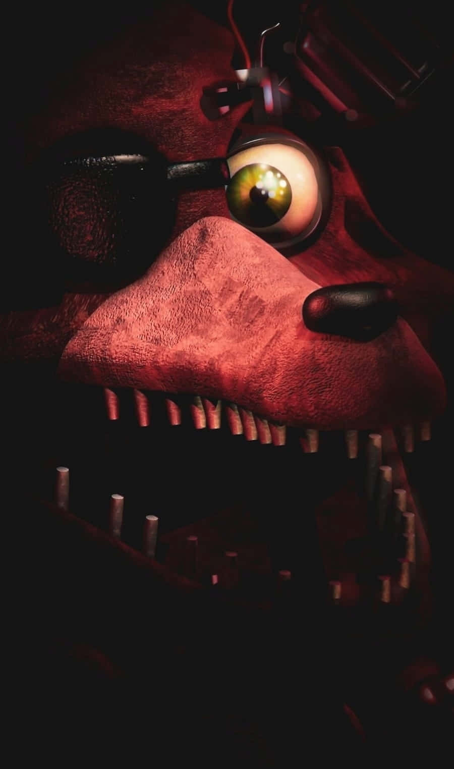 Foxy The Pirate 桌布 壁紙 — 黑暗中一隻帶有發光眼睛和尖銳牙齒的紅色機械熊的特寫，顯得兇猛。