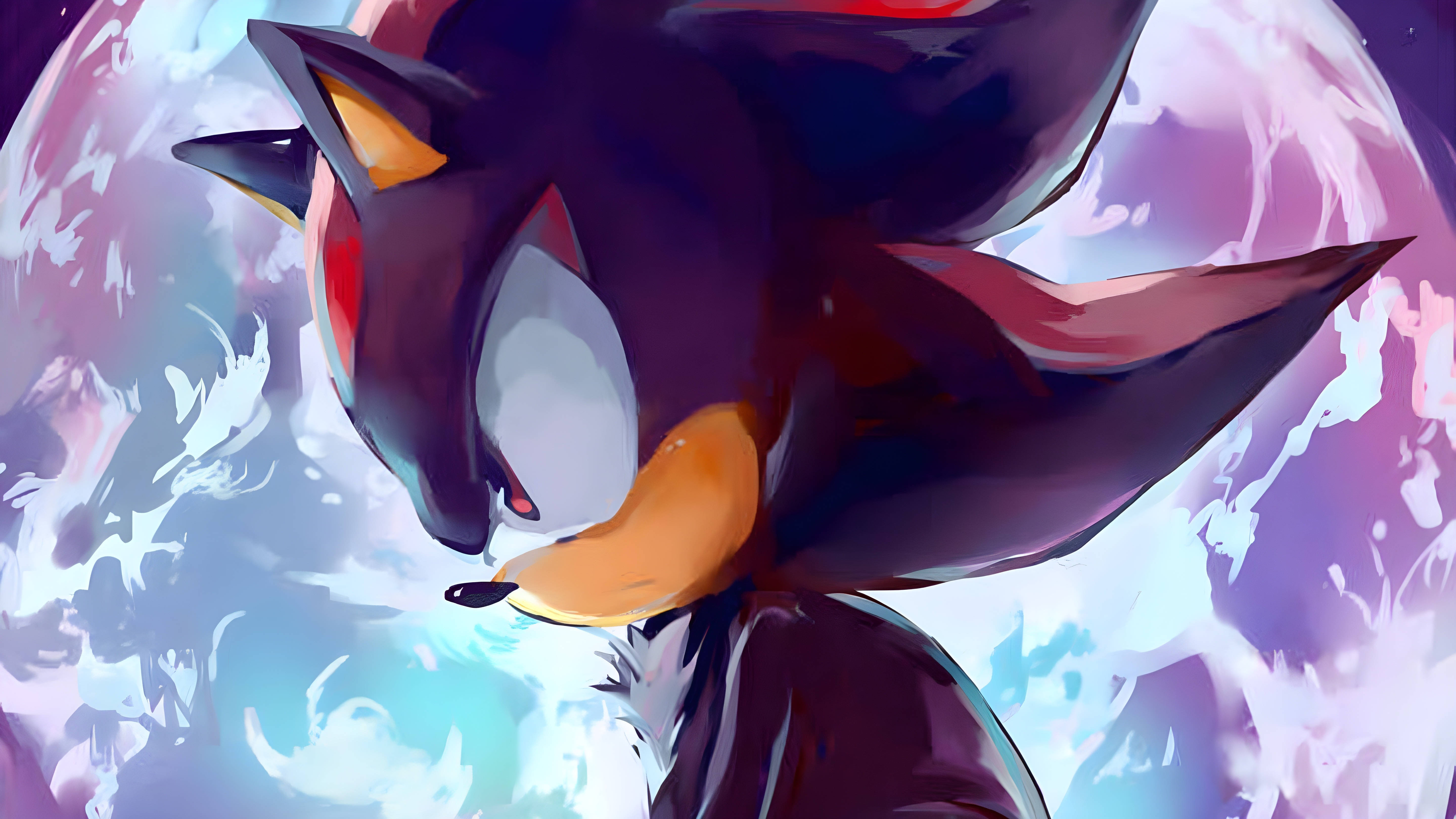 Shadow The Hedgehog 桌布 壁紙 — 黑暗刺蝟索尼克在旋轉的宇宙紫色和藍色能量背景前擺出動態姿勢。