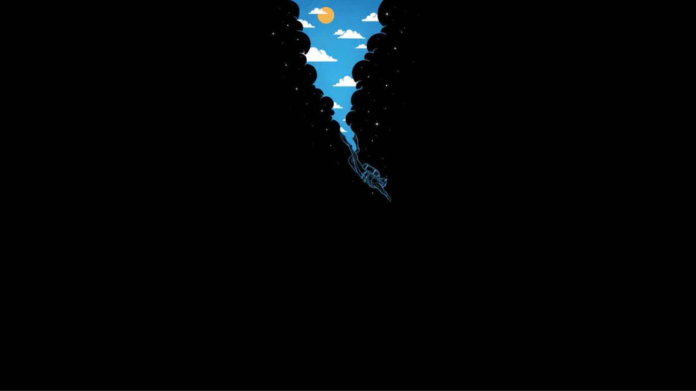 1366x768 Amoled 桌布 壁紙 — 黑暗剪影樹木之間的狹窄縫隙露出帶有雲朵和太陽的明亮藍天。