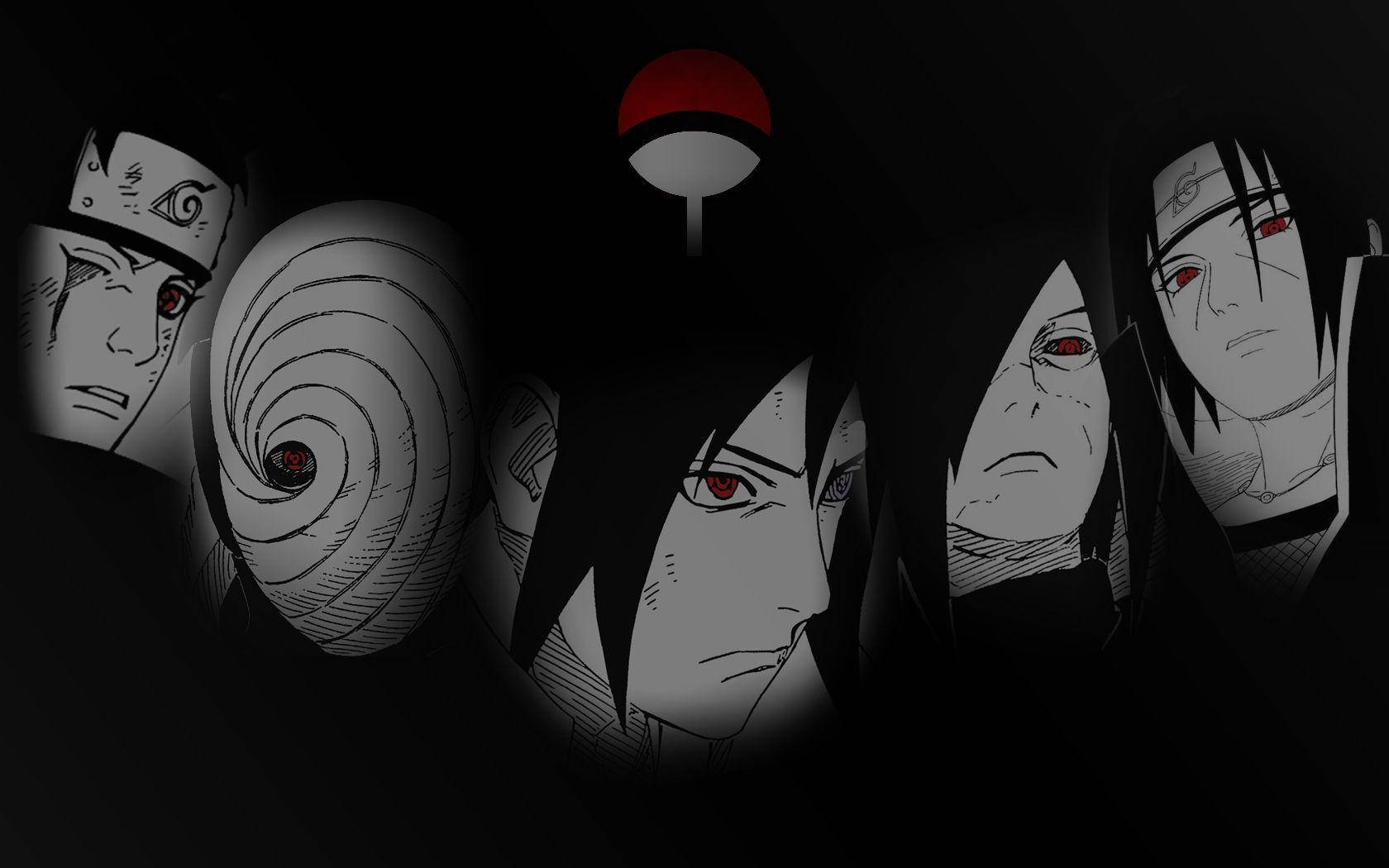 Uchiha 桌布 壁紙 — 黑暗動漫角色，紅眼及宇智波面具，在黑色背景上強烈凝視，上方有紅白符號。