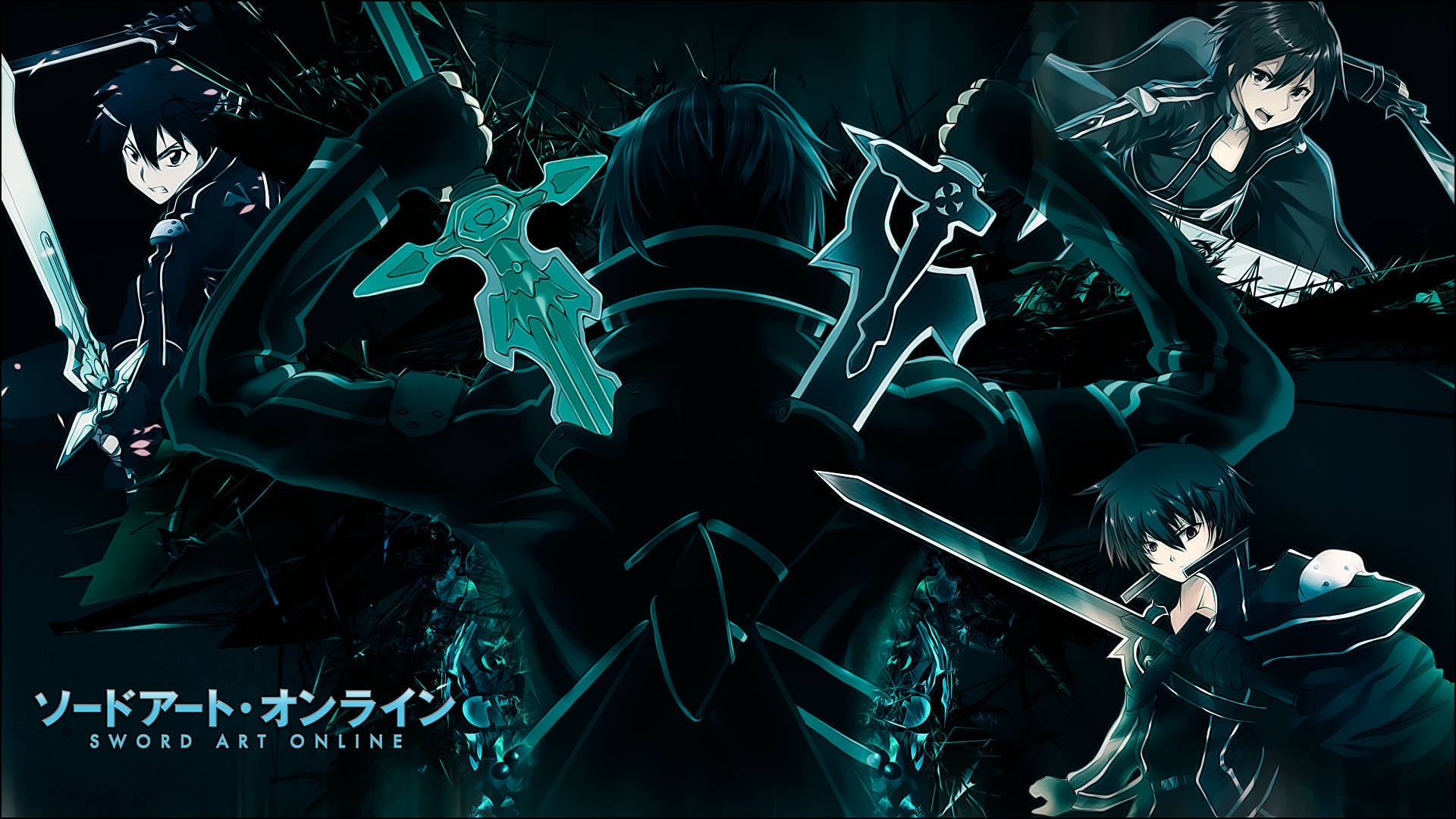 Kirito 桌布 壁紙 — 黑暗動漫角色身穿黑色盔甲，在帶有青綠色亮點的陰影戰鬥場景中揮舞發光的劍。