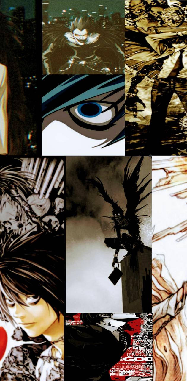 Death Note Aesthetic 桌布 壁紙 — 黑暗動漫面板拼貼畫，包含強烈的角色、引人注目的藍色眼睛和戲劇性的黑白藝術。