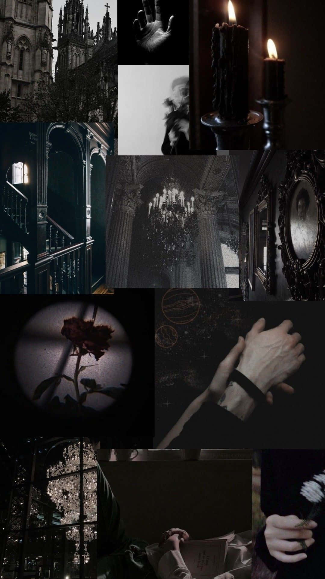 Vampire Aesthetic 桌布 壁紙 — 黑暗哥德式拼貼畫，以燭光室內、鬼魅建築和陰森背景中的詭異手部為特色。