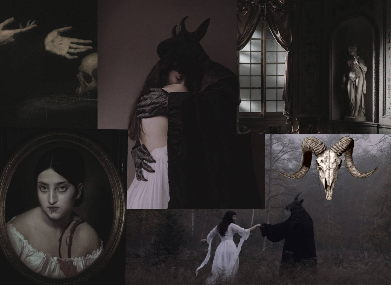 Goth Aesthetic 桌布 壁紙 — 黑暗哥德式拼貼畫，描繪一個有角的人物擁抱一名女子、公羊頭骨、肖像畫和詭異的室內場景。