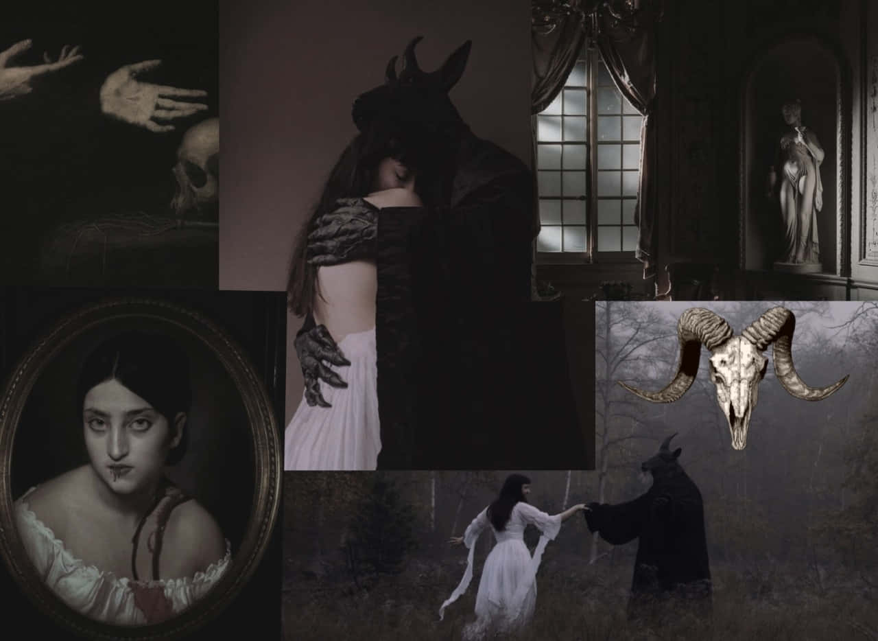 Gothic Aesthetic 桌布 壁紙 — 黑暗哥德式拼貼畫，描繪惡魔擁抱女人、公羊頭骨、帶血的肖像和陰森的森林場景。