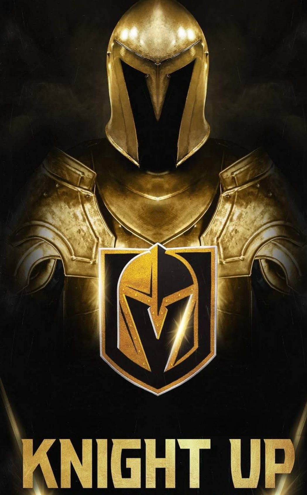 Knights 桌布 壁紙 — 黑暗場景中的金色盔甲騎士，頭盔發光，胸前有隊伍標誌。
