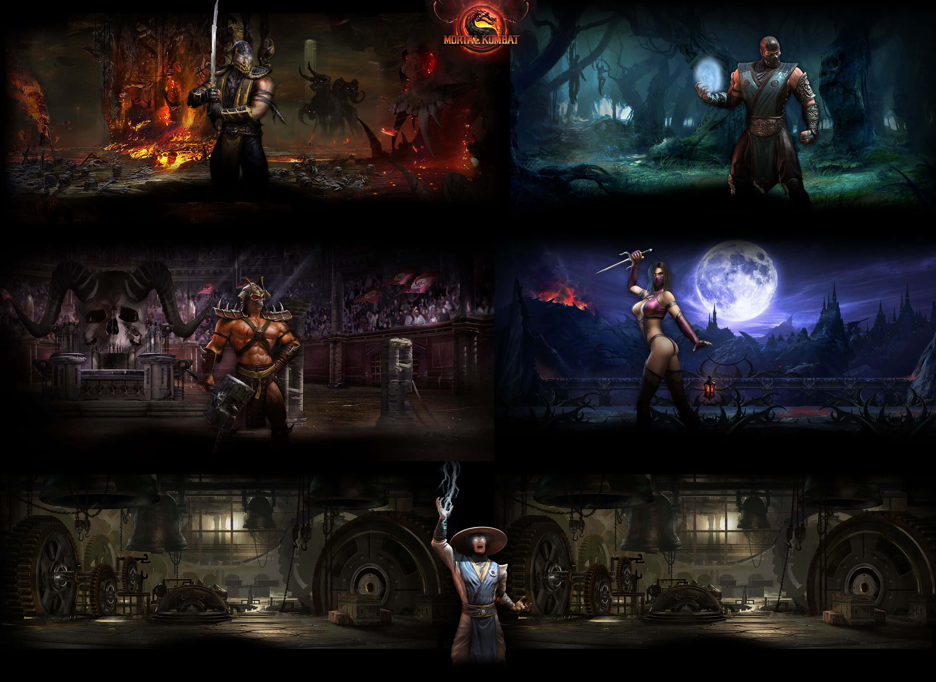 Mortal Kombat Raiden 桌布 壁紙 — 黑暗奇幻戰士們站在《Mortal Kombat》遊戲中詭異、熾熱且月光照耀的戰鬥競技場上。