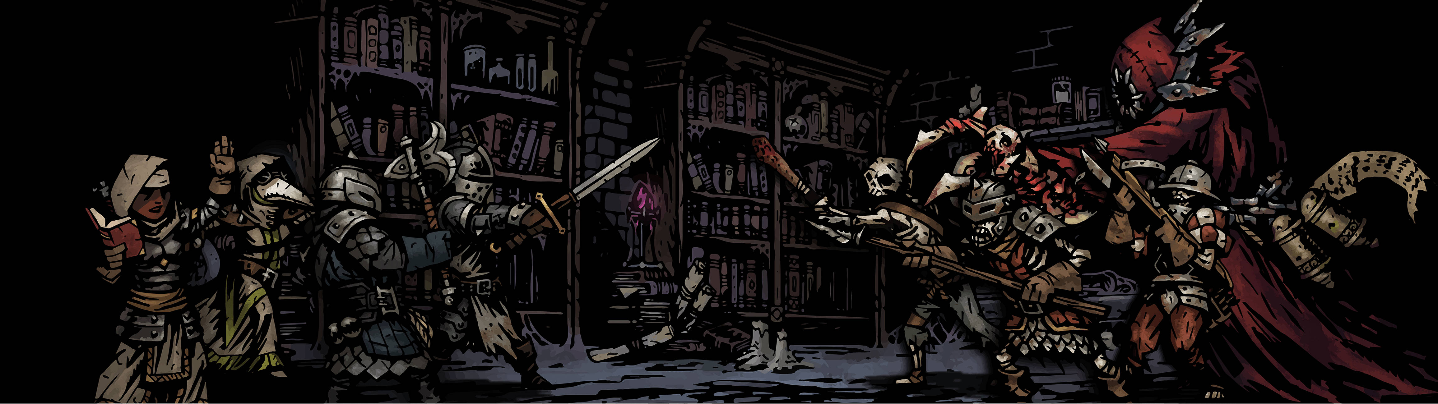 Dungeon 桌布 壁紙 — 黑暗奇幻戰士在燭光圖書館中衝突，圖書館充滿高聳書架和散落的屍體。