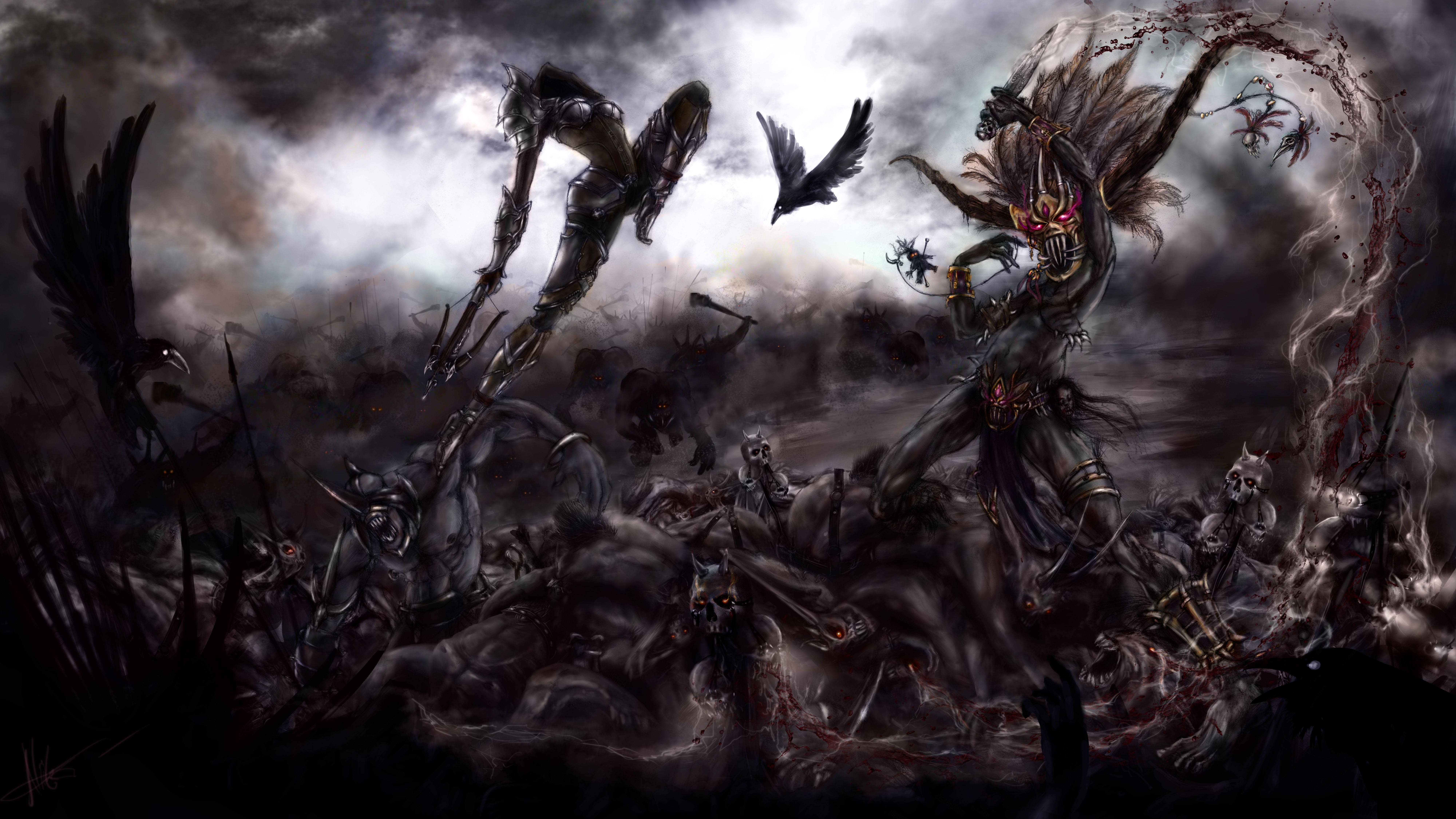 Diablo 桌布 壁紙 — 黑暗奇幻戰鬥場景，有身穿盔甲的戰士和骷髏人物，在暴風雨的天空和飛翔的烏鴉下。