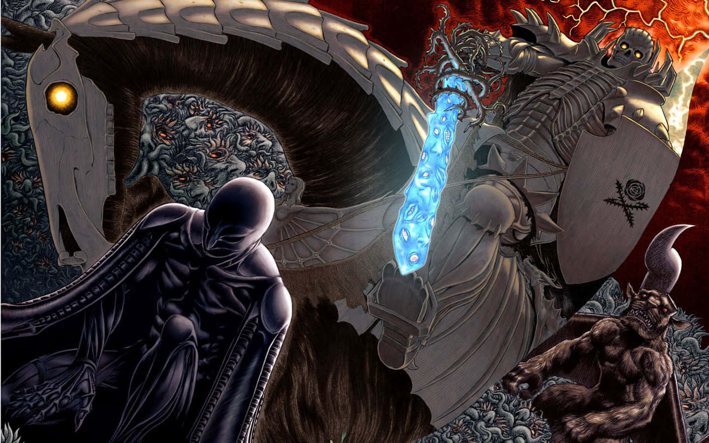 烙印勇士 桌布 壁紙 — 黑暗奇幻戰鬥場景，裝甲戰士揮舞發光武器對抗怪物，環境熾熱混亂。