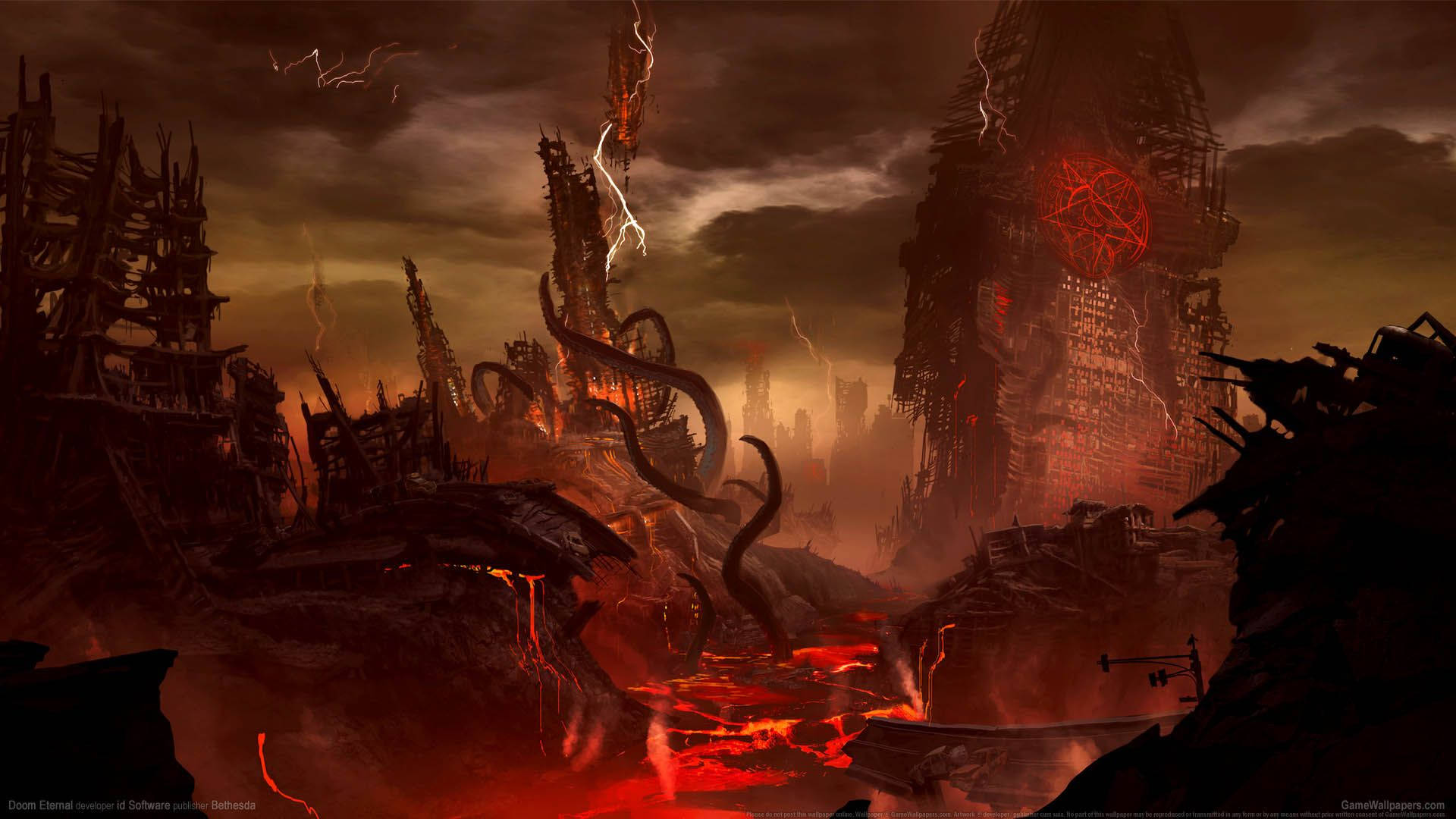 Doom Eternal 桌布 壁紙 — 黑暗奇幻景觀，有鋸齒狀廢墟、發光的紅色熔岩，以及閃電劃破暴風雨的天空。
