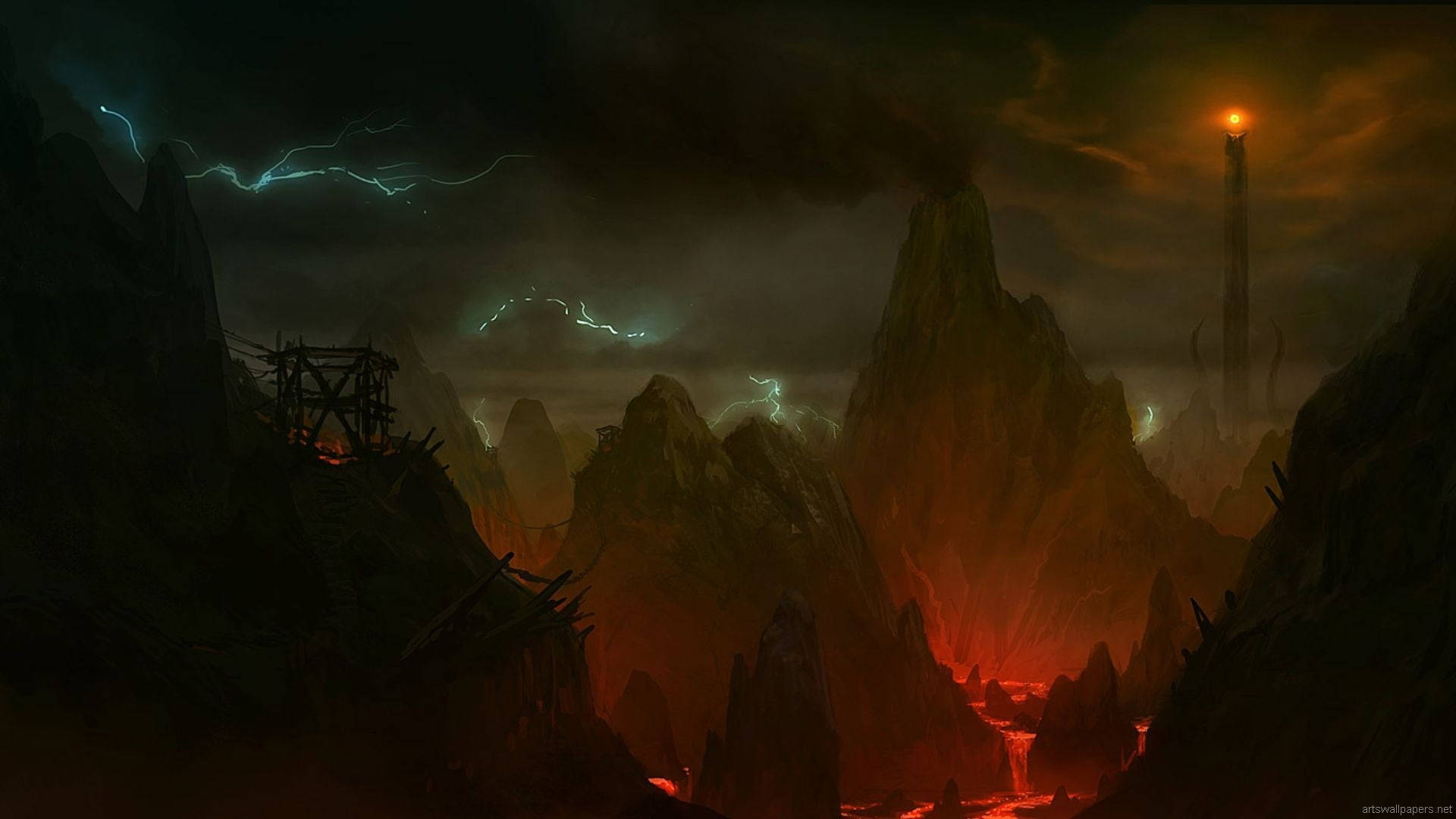 Lord Of The Rings Landscape 桌布 壁紙 — 黑暗奇幻風景，有鋸齒狀山脈、發光的熔岩流，以及暴風雨天空下的閃電。