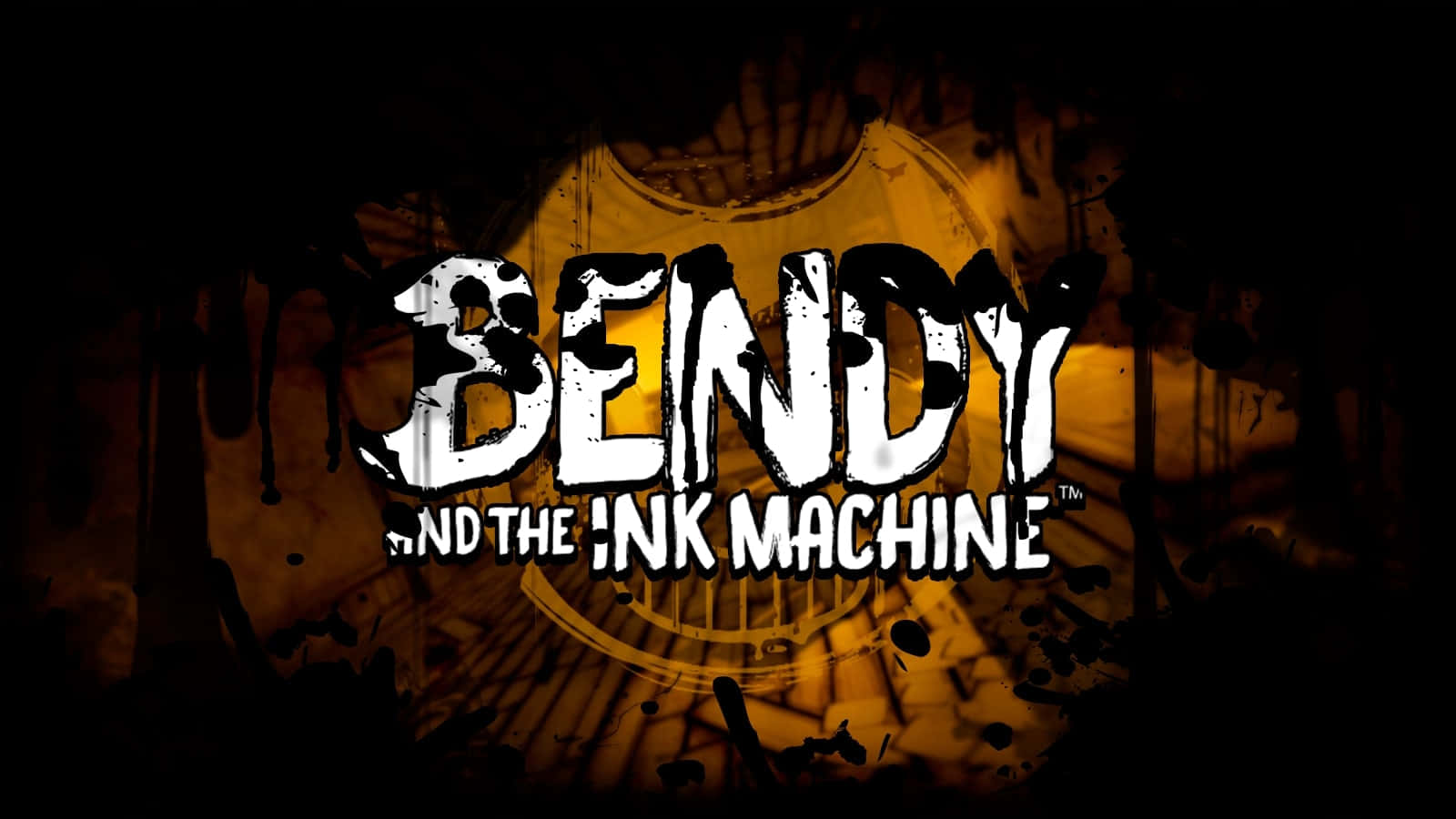 Bendy 桌布 壁紙 — 黑暗恐怖遊戲標題 Bendy and the Ink Machine 在黑色滴墨背景上發出白色光芒。