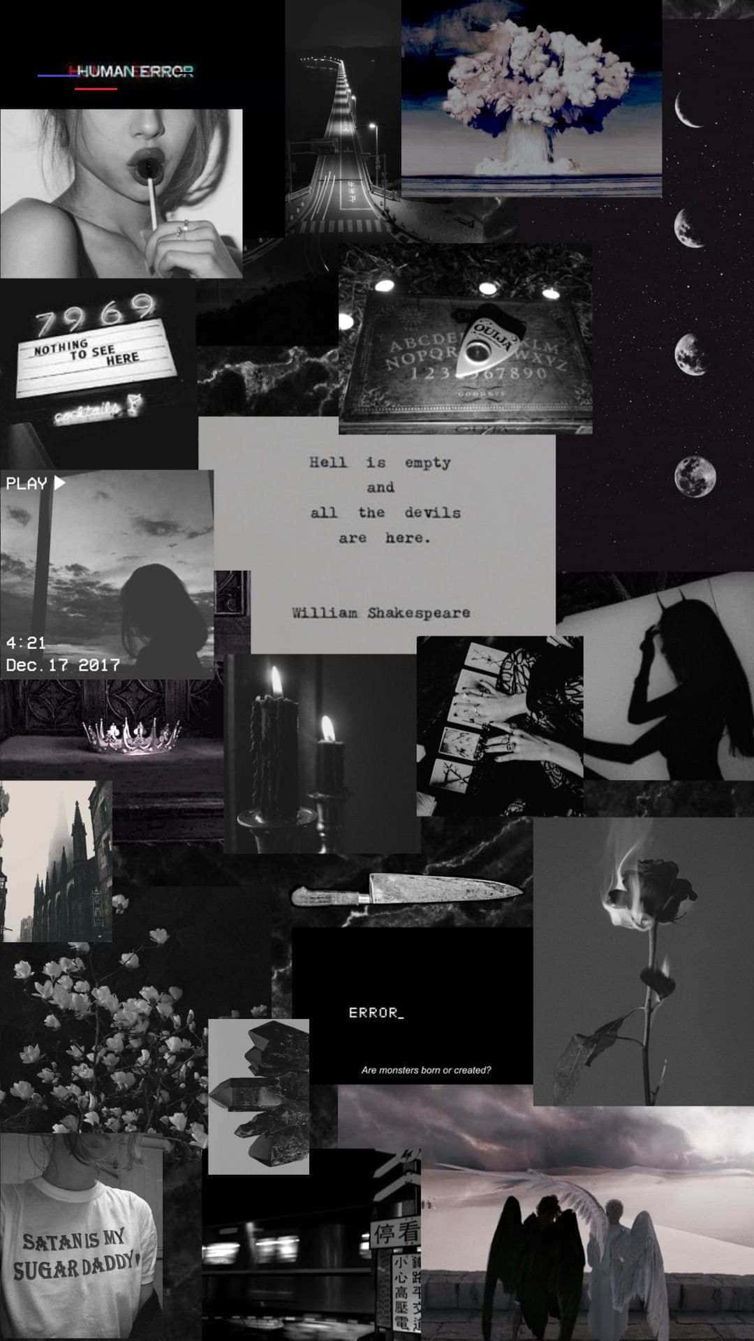Aesthetic Black Grunge 桌布 壁紙 — 黑暗情緒化的黑白圖像拼貼，包含玫瑰、蠟燭、神秘符號和文字引用，背景為星空夜空。