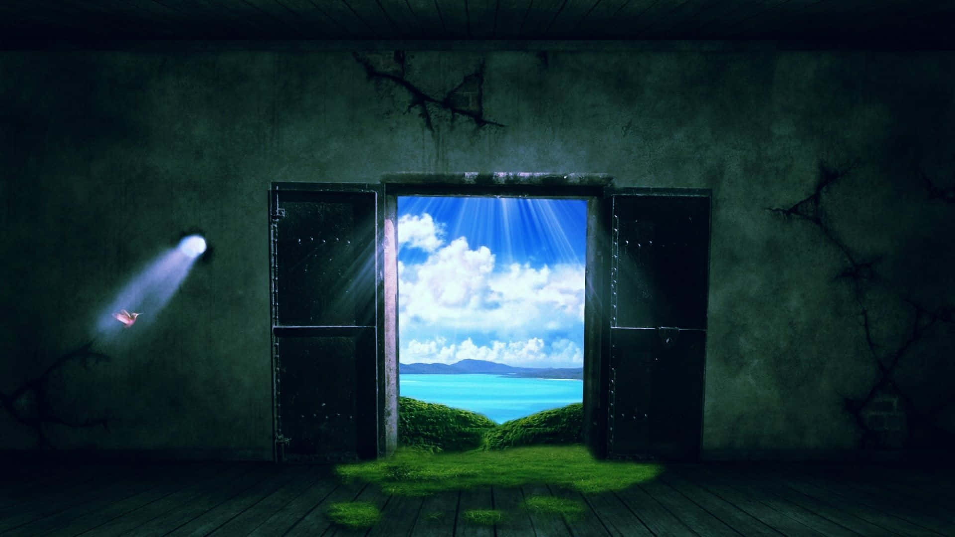 Windows XP 桌布 壁紙 — 黑暗房間中一道裂開的門打開，露出明亮的陽光沙灘、碧綠的海水和蓬鬆的雲朵。