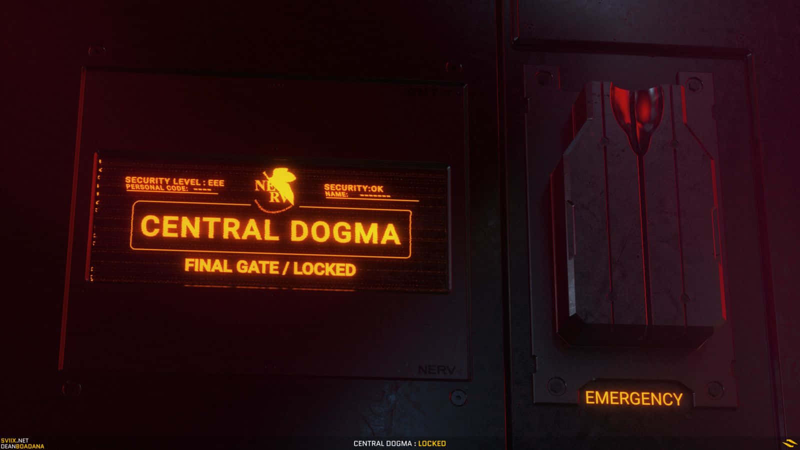 Lock 桌布 壁紙 — 黑暗房間中發光的橙色數位面板顯示「CENTRAL DOGMA FINAL GATE LOCKED」，附近有一個緊急覆蓋按鈕。